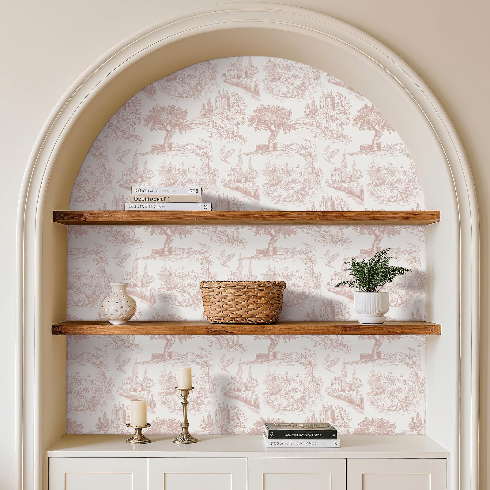 FunStick 44.5CMx9M Papel Pintado Rosa y Gris Papel Adhesivo Pared Baño Hojas Árboles Impermeable Revestimiento Muebles Armario Blanco Gris Castillo Jardín Vintage Vinilo Adhesivo Flores y Pájaros