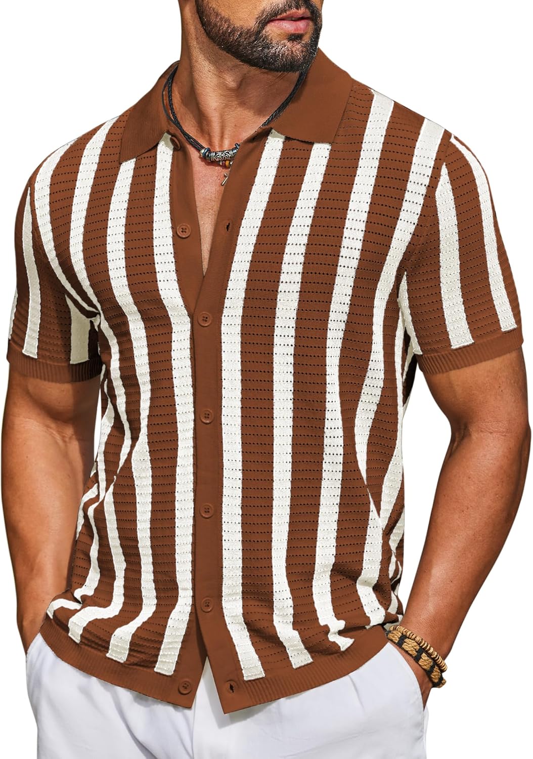 COOFANDY Men's Knit Shirts Short Sleeve Button Down Polo Shirt Striped Casual Summer Beach Shirts