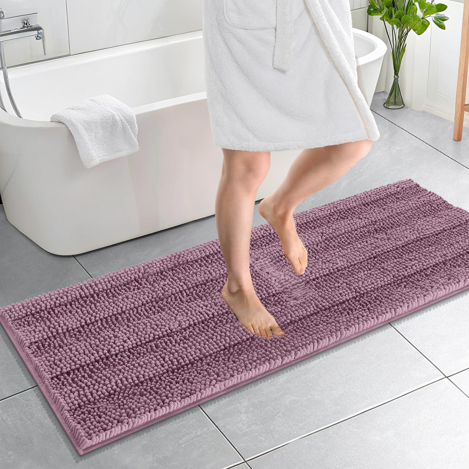 OLANLY Thick Bathroom Runner Rugs 59x20, Soft Chenille Bath Rugs, Deep Plum