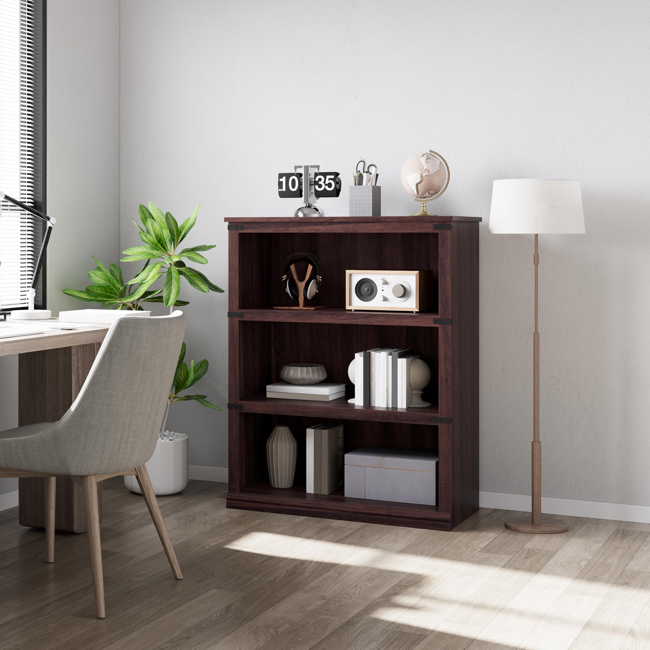Garvee Massivholz Bücherregal, 3 Ebenen – höhenverstellbare Regalböden – geschlossene Rückwand – offen & stabil für Wohnzimmer, Schlafzimmer oder Büro – Farbe: Kirschbaum, Größe: 800×305×1015 mm