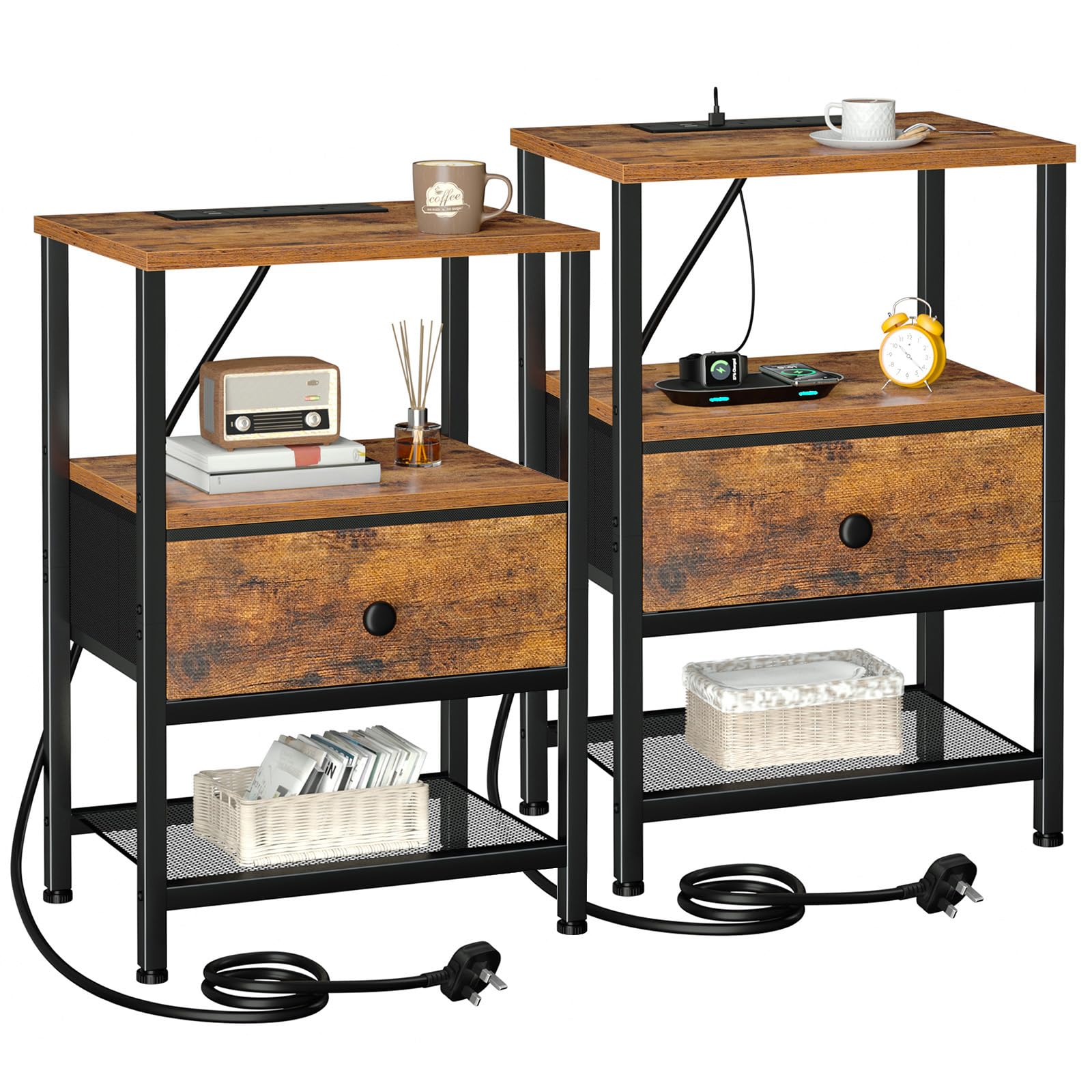 AMHANCIBLE Bedside Table Set of 2 with Charging Station, Nightstand with Fabric Drawer and Open Storage Shelf, Small Side Table, Bedside Cabinets for Living Room, Sturdy Metal Frame, Brown HETS010PBR