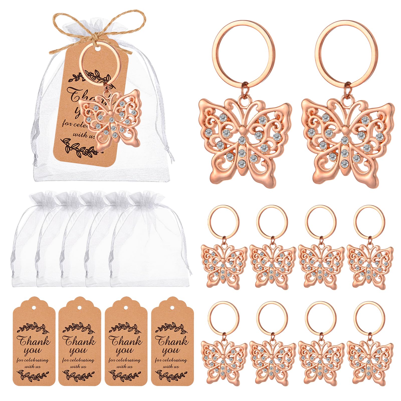 Winocbxt 50pcs Butterfly Keychain/Keyring for Baby Shower,Wedding or Bridal Shower Party Favors,Gift,Souvenirs to Guests (Rose Golden Butterfly)