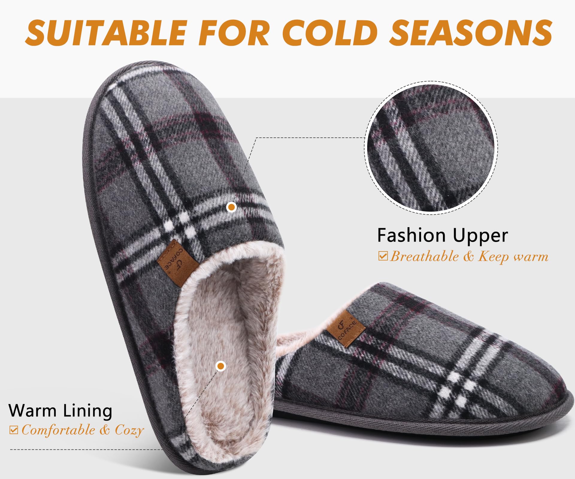 Pantofole da Uomo Invernali Plaid, Comoda Memory Foam Calde Scarpe da Casa in Lana con Suola Antiscivolo 40-47