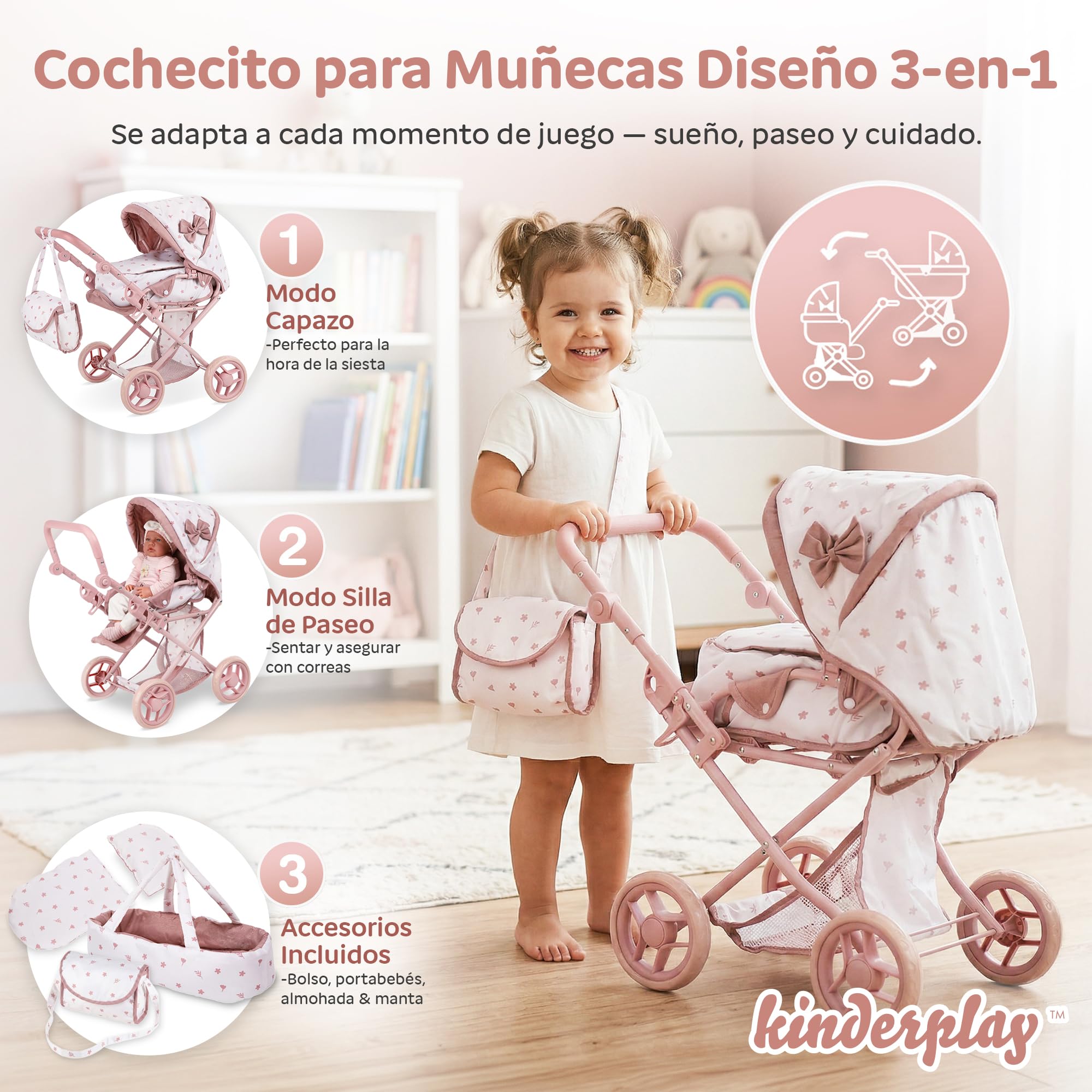 Kinderplay Cochecito de muñecas 3 en 1 Rosa con Bolsa de Transporte – Cochecito de muñeca Ajustable de 36,5 – 64 cm, Plegable, Ruedas de Espuma silenciosas, para muñecas de hasta 40 cm, a Partir de 3