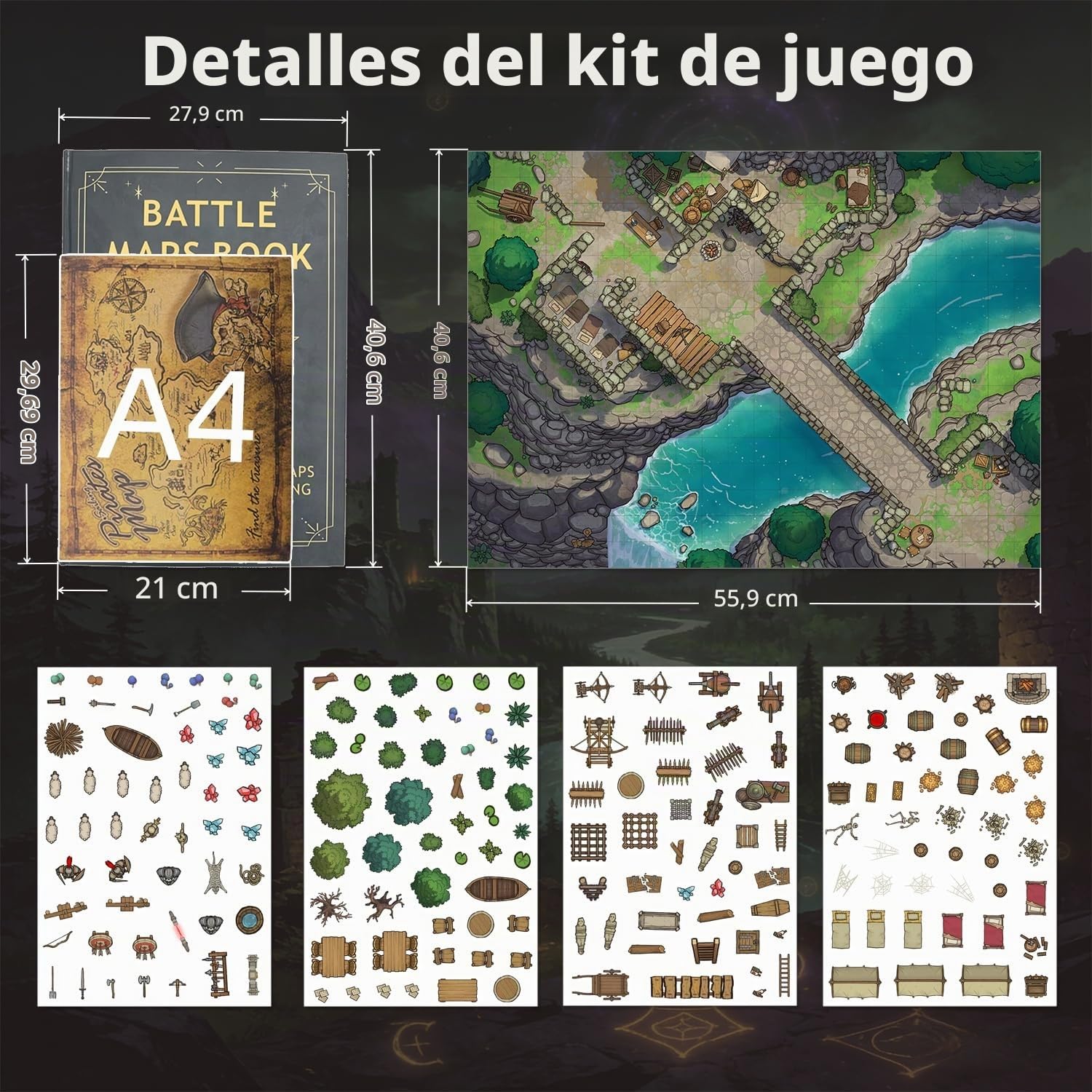 DND - Libro de mapas de batalla – 39 alfombrillas reutilizables de borrado en seco/húmedo con más de 200 calcomanías de paisaje, cuadrícula de 1 pulgada y encuadernación plana – Kit portátil de