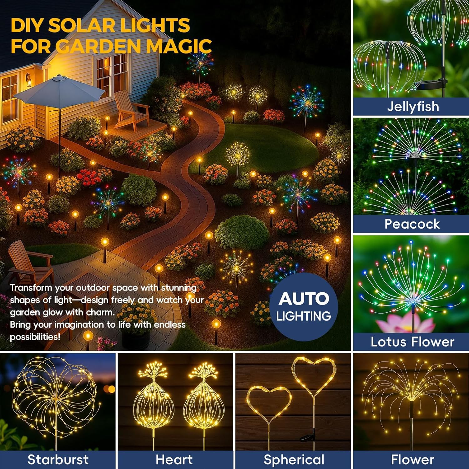 4 Pack 200LED Garden Lights Solar Powered Waterproof, Fireworks Solar Lights Outdoor for Yard Pathway, Solar Fairy Lights Christmas Decorations (2 Warm & 2 Colored)