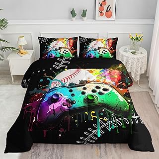 Kids Comforter Set Gamepad Baseball Printed Pattern Bedding Set with 1 Comforter and 2 Pillowcases for Girls Boys Bedroom All Season(Gamepad Baseball Queen)