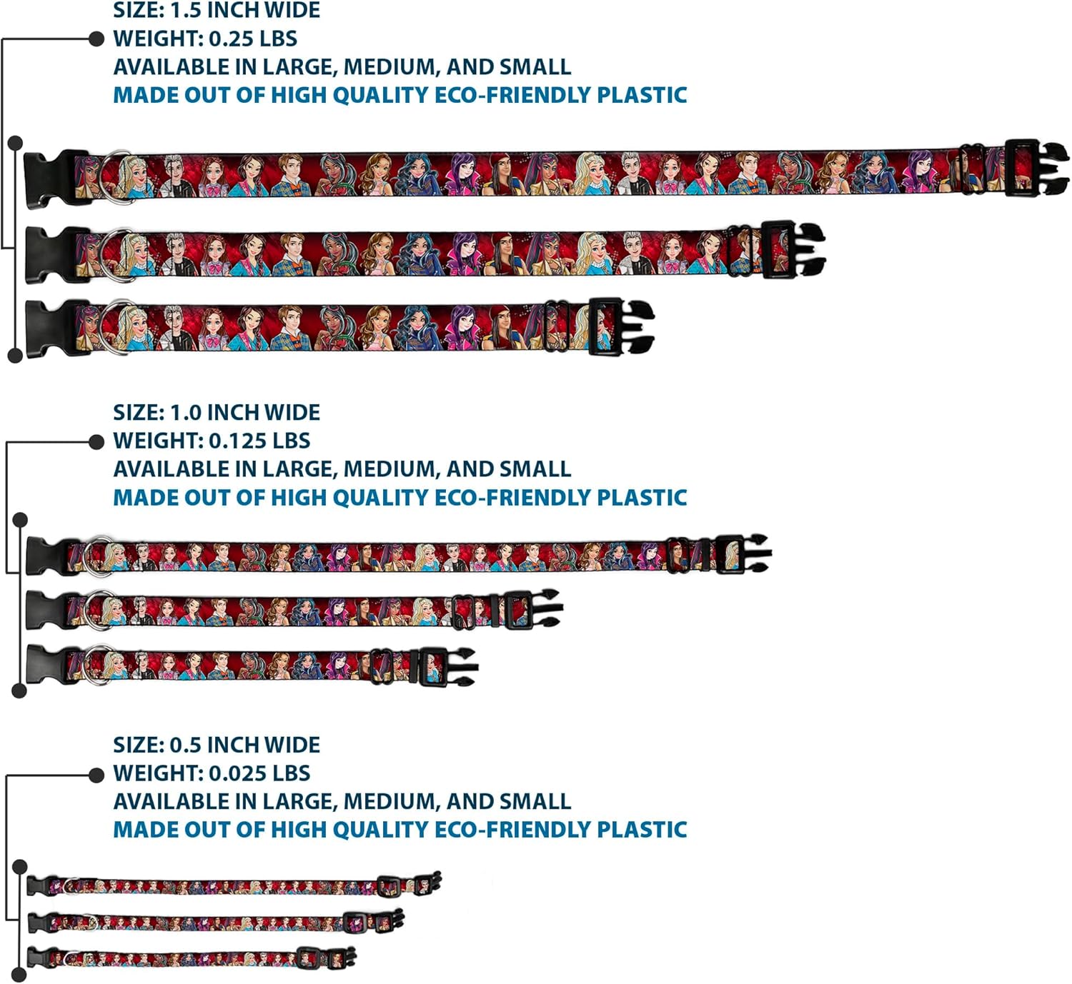 Buckle-Down Plastic Clip Collar - Descendants 11-Character Group Pose Reds/Gray - 1.5" Wide - Fits 16-23" Neck - Medium