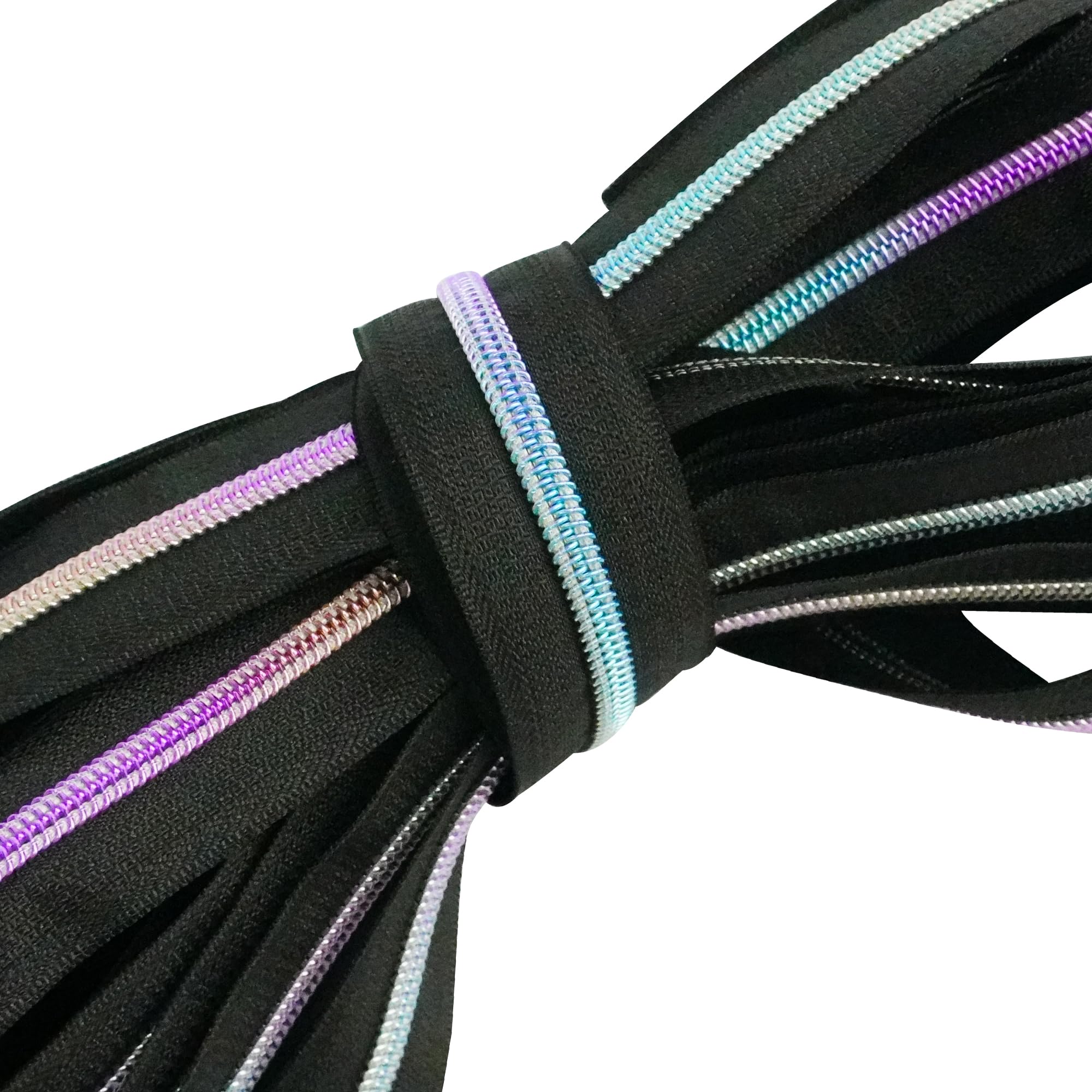 Trimming Shop Lot de 25 rubans de fermeture éclair en nylon arc-en-ciel #5 avec fermeture éclair noire de 10 mètres – Dents arc-en-ciel métalliques pour couture et couture