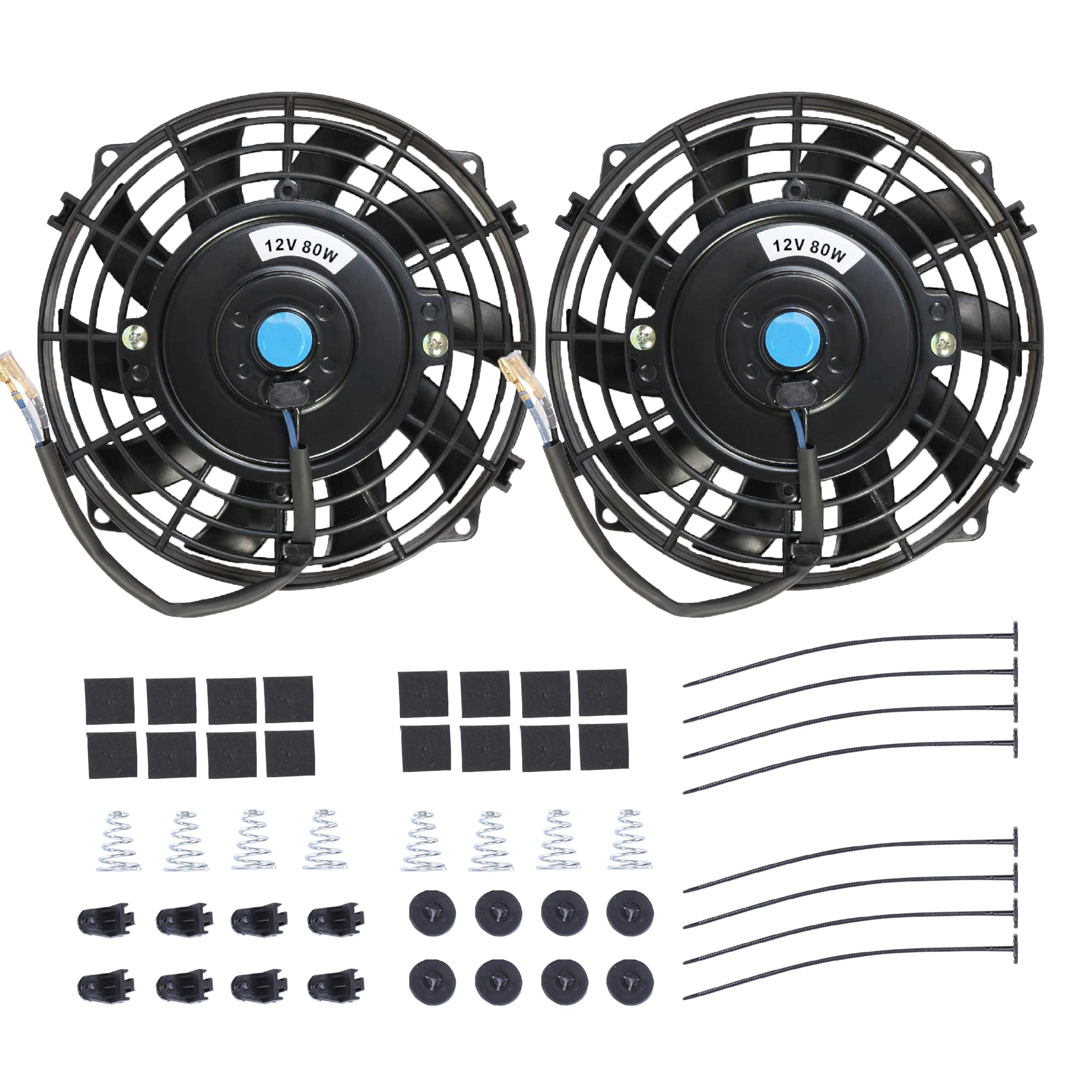 7" Electric Radiator Cooling Fan Assembly Kit, Universal High Performance 12V 80W Motor with Fan Mounting Kit - Black (2 Pack)