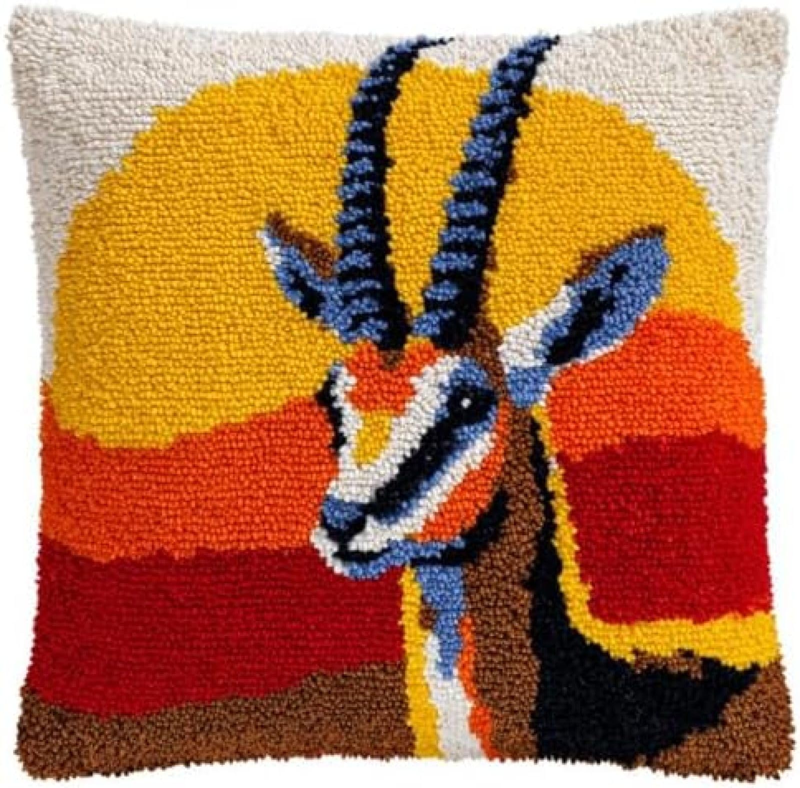 kitphoenix Latch Hook Kit for Adults Beginners,Antelope Golden Sunse,DIY Cushion Cover Punch Needle Kit,Pre-Printed Canvas Embroidery Kit with Yarns & Hooks,43x43cm Craft Gift for Women