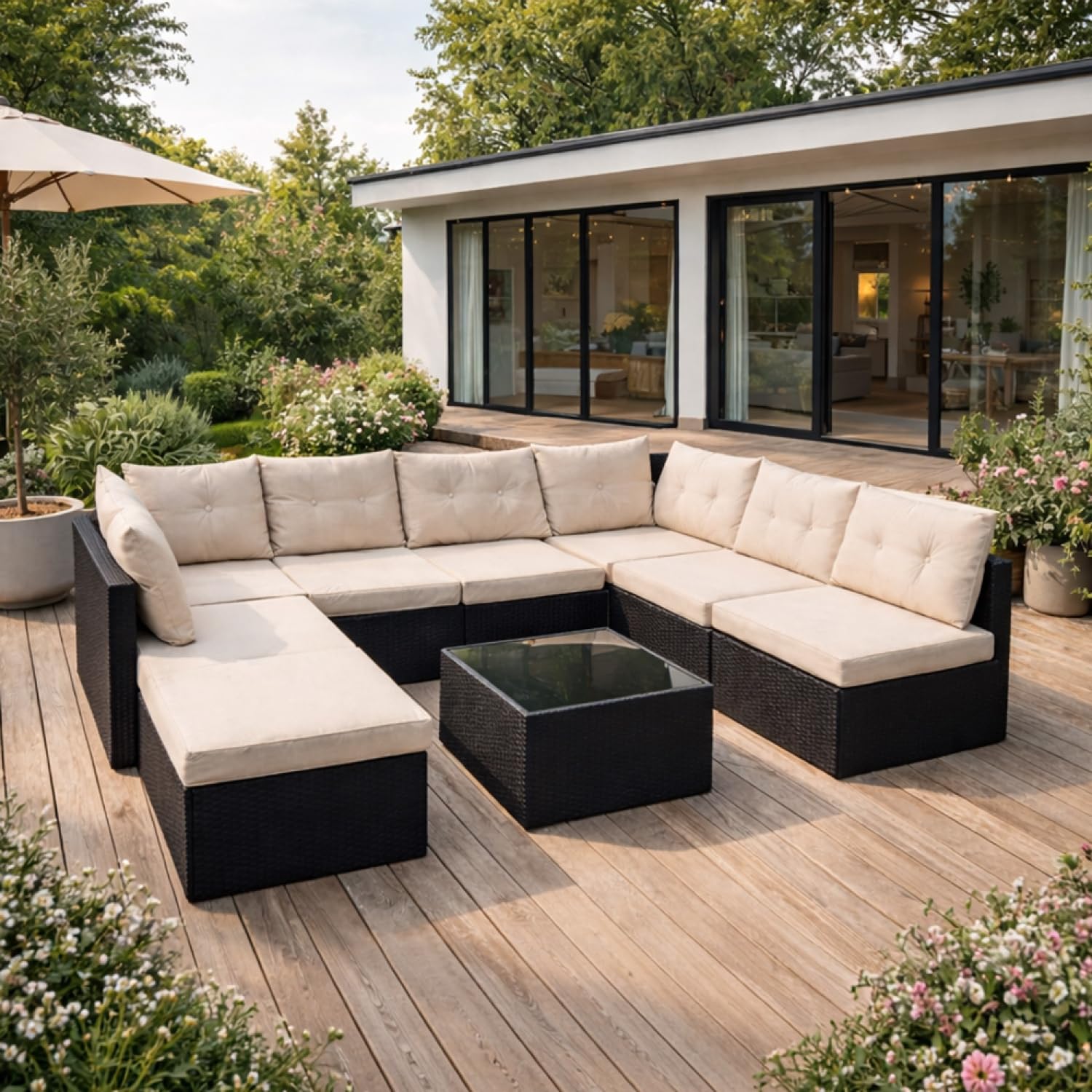 Générique Salon de Jardin Exterieur en Résine Tressée Poly Rotin Salon de Jardin 8 Personnes Fauteuil en rotin modulable, Entretien Facile