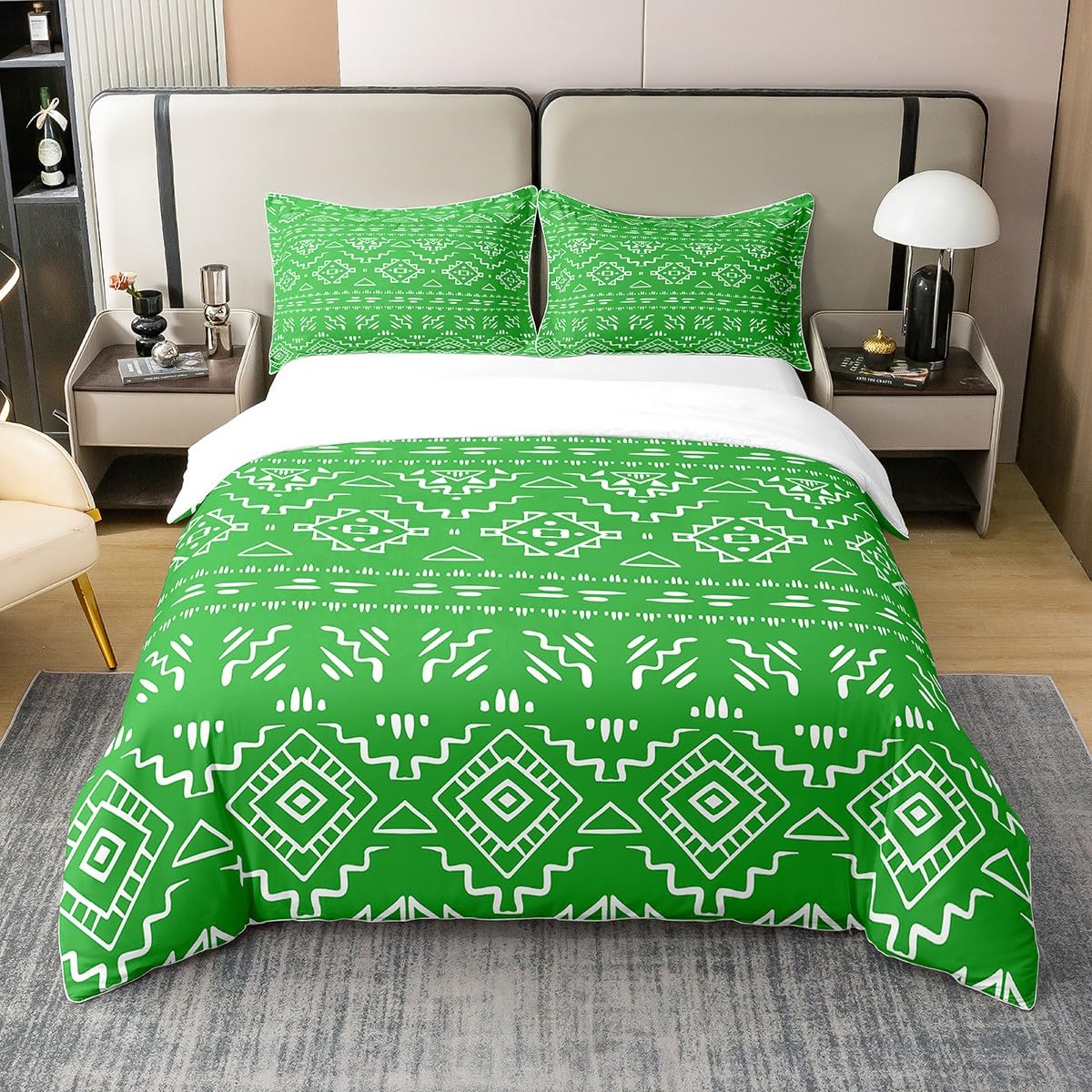 100% Cotton Boho Aztec Duvet Cover Single Southwestern Ethnic Bedding Set Exotic Tribal Bohemian Comforter Cover Western Bedroom Decor,Moden Farmhouse Geometric Bed Set Green White 1 Pillow Case