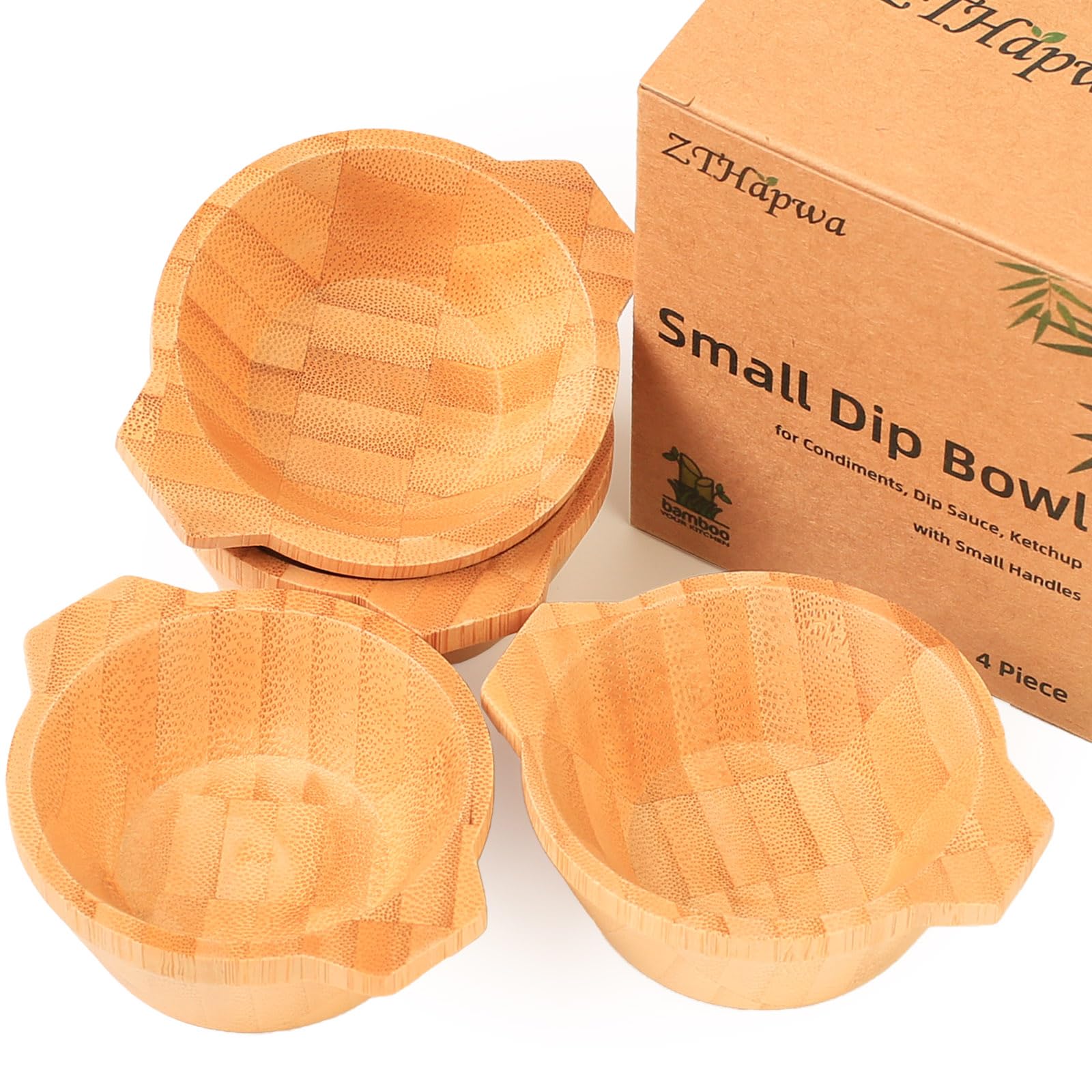 ZTHapwa Mini Serving Bowls, 1.7 oz Small Bamboo Dipping Sauce Bowls with Handles for Charcuterie Boards/Side Dishes, Tart-shaped Pinch Bowl for