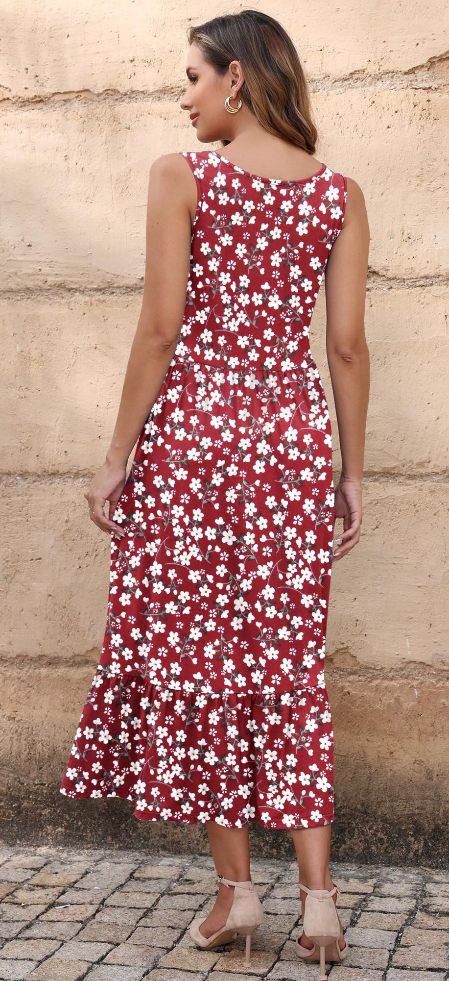 AUSELILY Vestidos Largo Verano Mujer Cuello Redondo Sin Mangas | Casual Elegante Maxi Vestido Playa Mujer Largo Ligero y Aireado con Bolsillos Cintura Elástica
