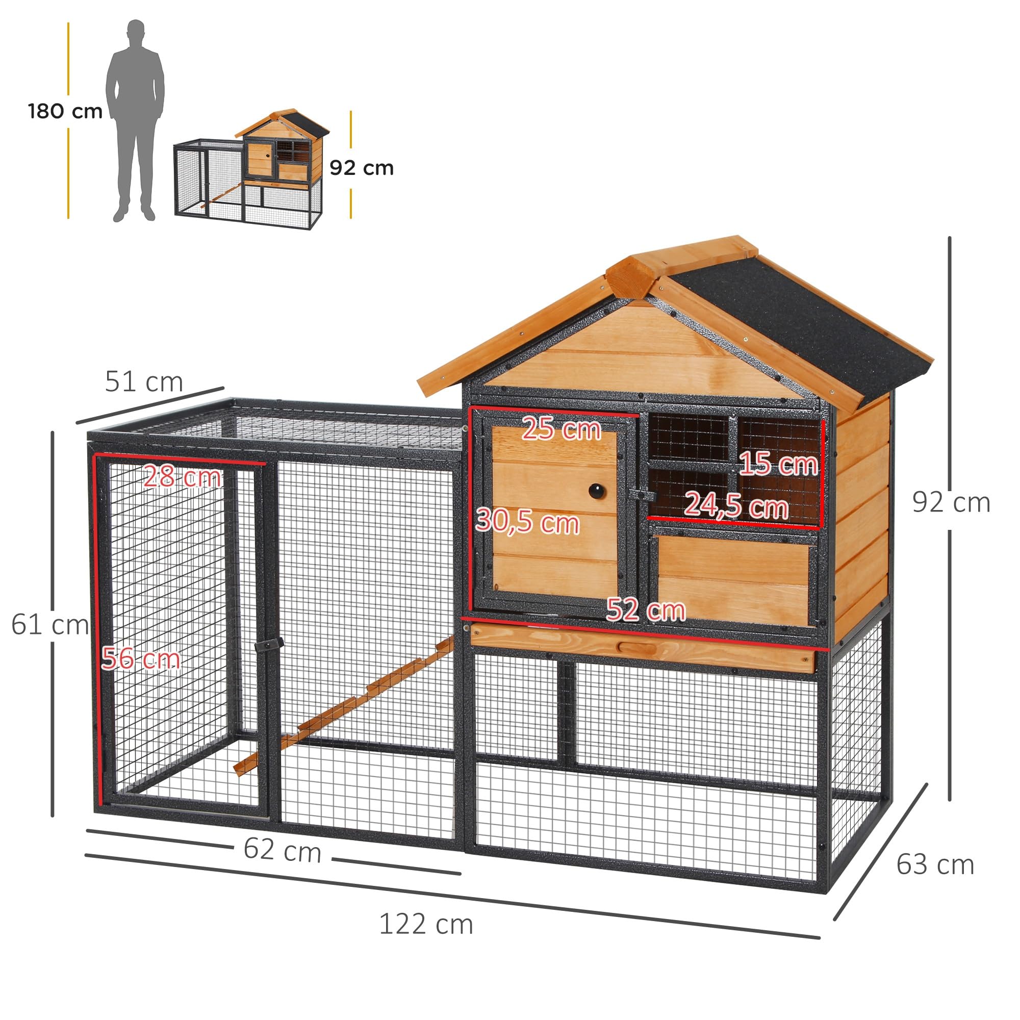 PawHut Clapier Cage à Lapins Cottage Niche supérieure - Rampe - fenêtre | Enclos Extérieur, Plateau Excrément, 2 Portes Verrouillables, Métal Époxy Sapin Pré-Huilé