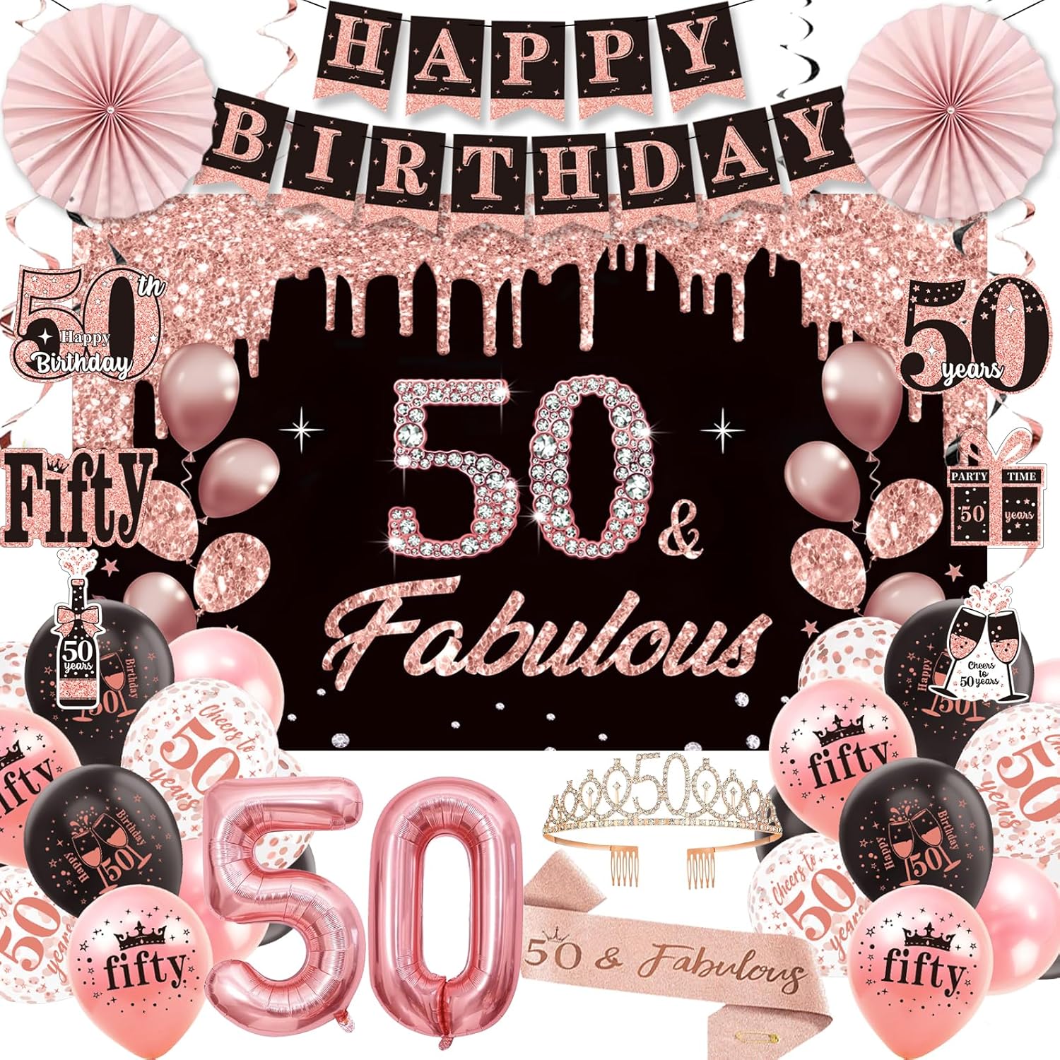 50th Birthday Decorations, 43pcs 50th Birthday Decorations for Women, Black Rose Gold Party Supplies Set, 50 Years Old Crown and Sash,Backdrop, Balloon, Banner, Hanging Swirls, Paper Fans
