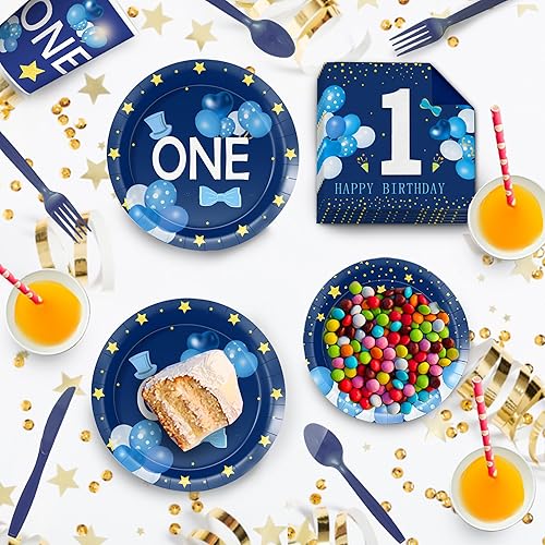 Miniatura 7 de Juego de vajilla de 168 piezas para baby shower de primer cumpleaños, un juego azul para 24 invitados, juego completo de platos y cubiertos, papel