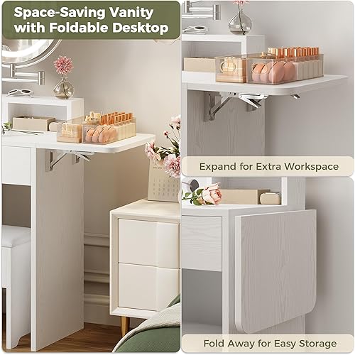 Miniatura 5 de IRONCK Escritorio de tocador con espejo de luces LED y toma de corriente, tocador de maquillaje con taburete de almacenamiento y estante para