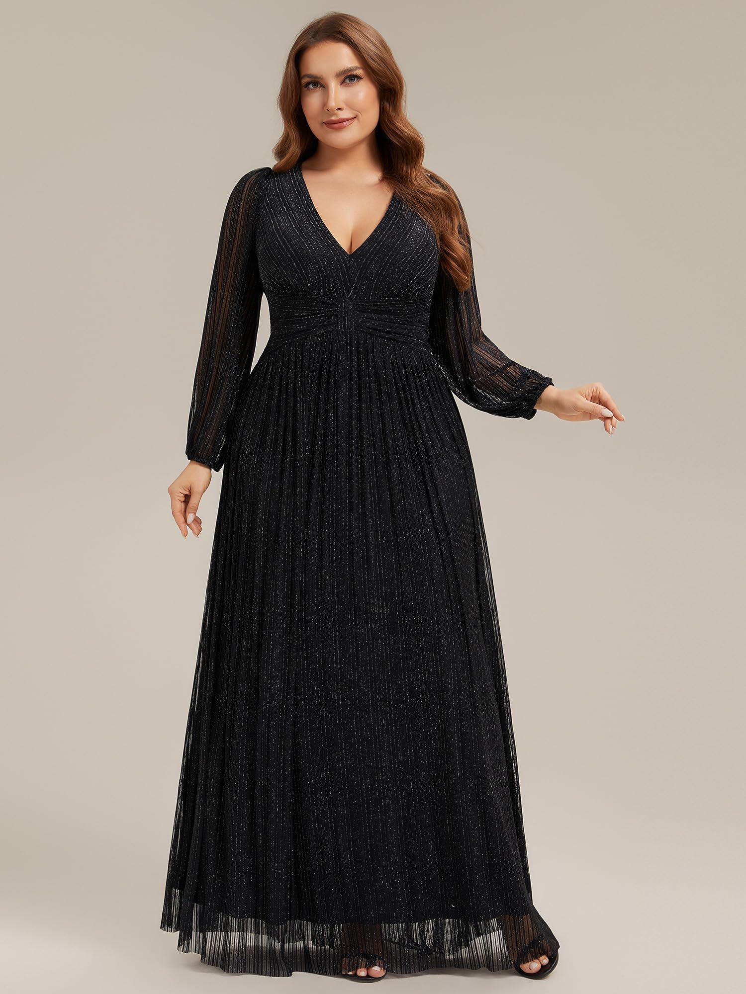 Ever-Pretty Donne Glitter Maniche Lunghe Scollo a V Pieghe Impero Vita Lunghezza Pavimento Plus Size Abito da ballo Abiti Formali 01961-DA, nero, 62