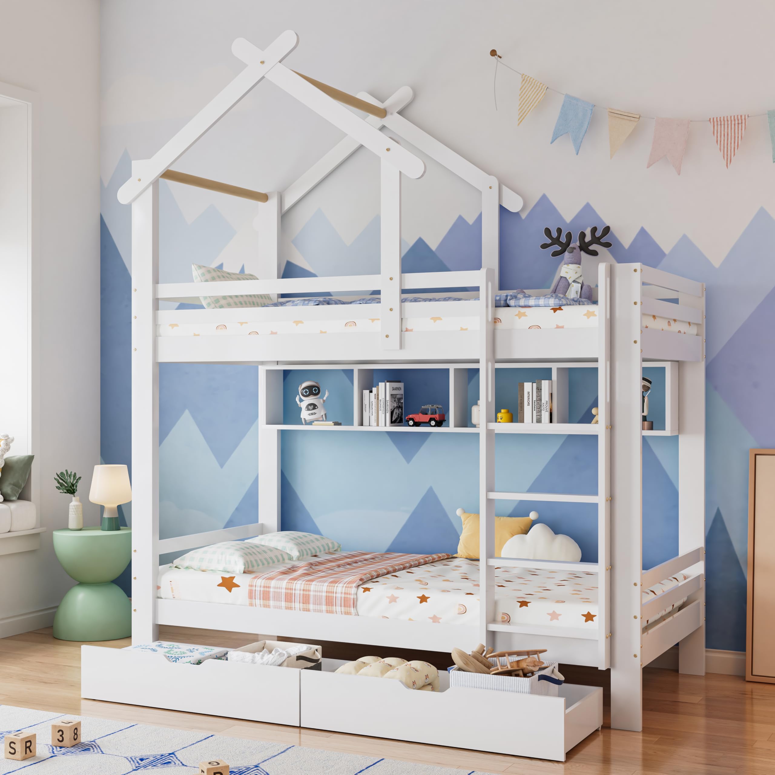 Cama Infantil, Litera Matrimonio 90x200, Litera para Niños con 2 Cajones y Estantes, Cama Altill con Escalera de Tres Peldaños y Tejado, Cama Altillo con Listones de Madera, Sin Colchón