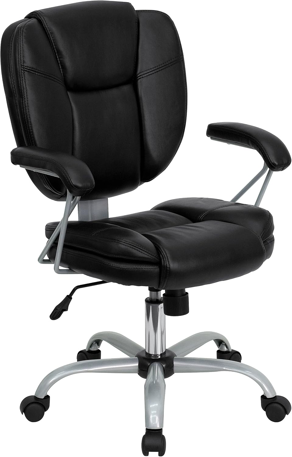 Flash Furniture Mid-Back Black LeatherSoft Swivel Task Office Chair with Pillow Top Cushioning and Platinum Epoxy Base & Arms