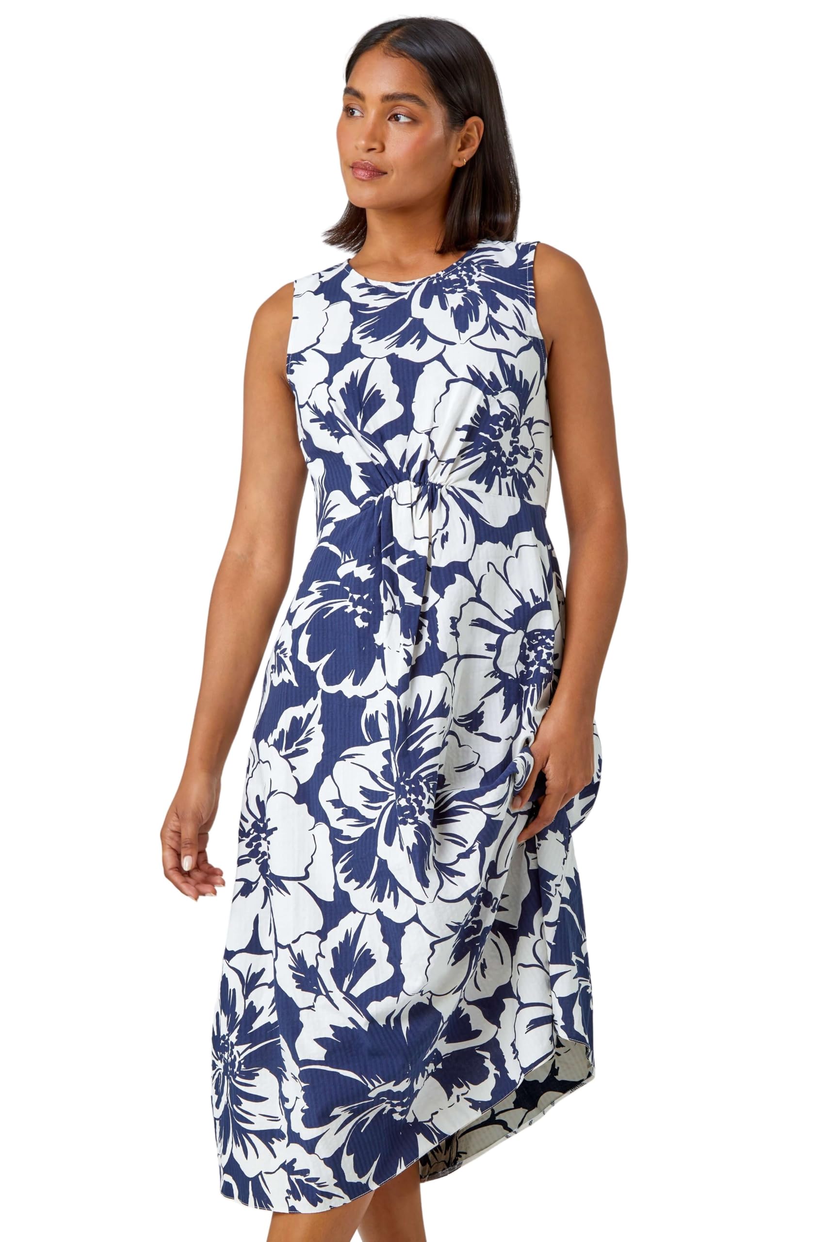 Roman Women's Navy Sleeveless Cotton Blend Floral Midi Dress In Size 10