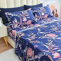 Vista 6 de JSD Juego de sábanas florales azul marino, tamaño individual, sábanas de microfibra impresas de 3 piezas, bolsillo extra profundo, sin arrugas