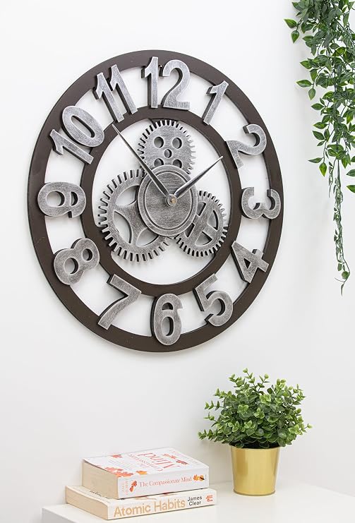 57cm Large Wall Clock – Striking Black and Silver Modern Design, Silent Non-Ticking Open Face Round Clock for Living Room, Kitchen, Office or Bar
