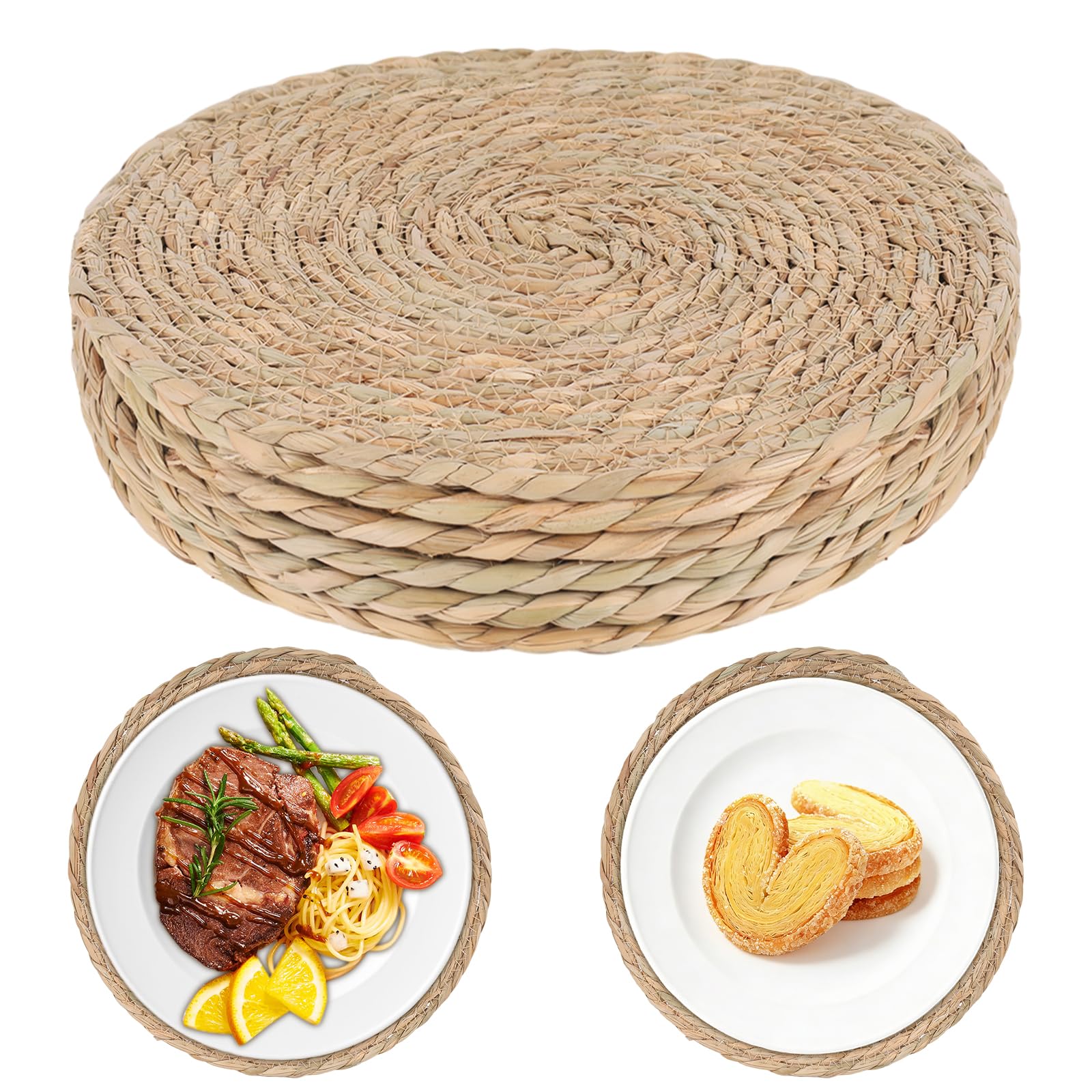 Round Woven Placemats Set of 6, 30cm Handwoven Water Hyacinth Placemats Woven Placemats Wicker Water Hyacinth Braided Placemats,Braided Straw Table Mats for Dining Table, Home, Party & Wedding Decor
