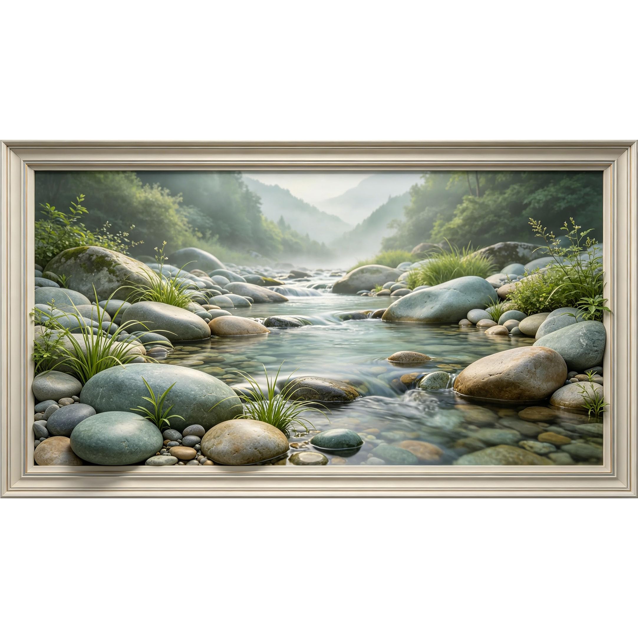 QZLITHOTIC 50×90cm3D Framed Wall Art， Misty Mountain River Stone SelfAdhesive Mural， WaterActivated Peel & Stick Fabric Decor Wall Decal for Bedroom Living Room