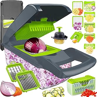 Vegetable Chopper Dicer with Container | Cheese Grater Mandoline Slicer Cabbage Shredder French Fry Cutter Stainless Steel for Veggie Onion Potato Fruit Food, Manual Hand Cooking Gadget for Kitchen
