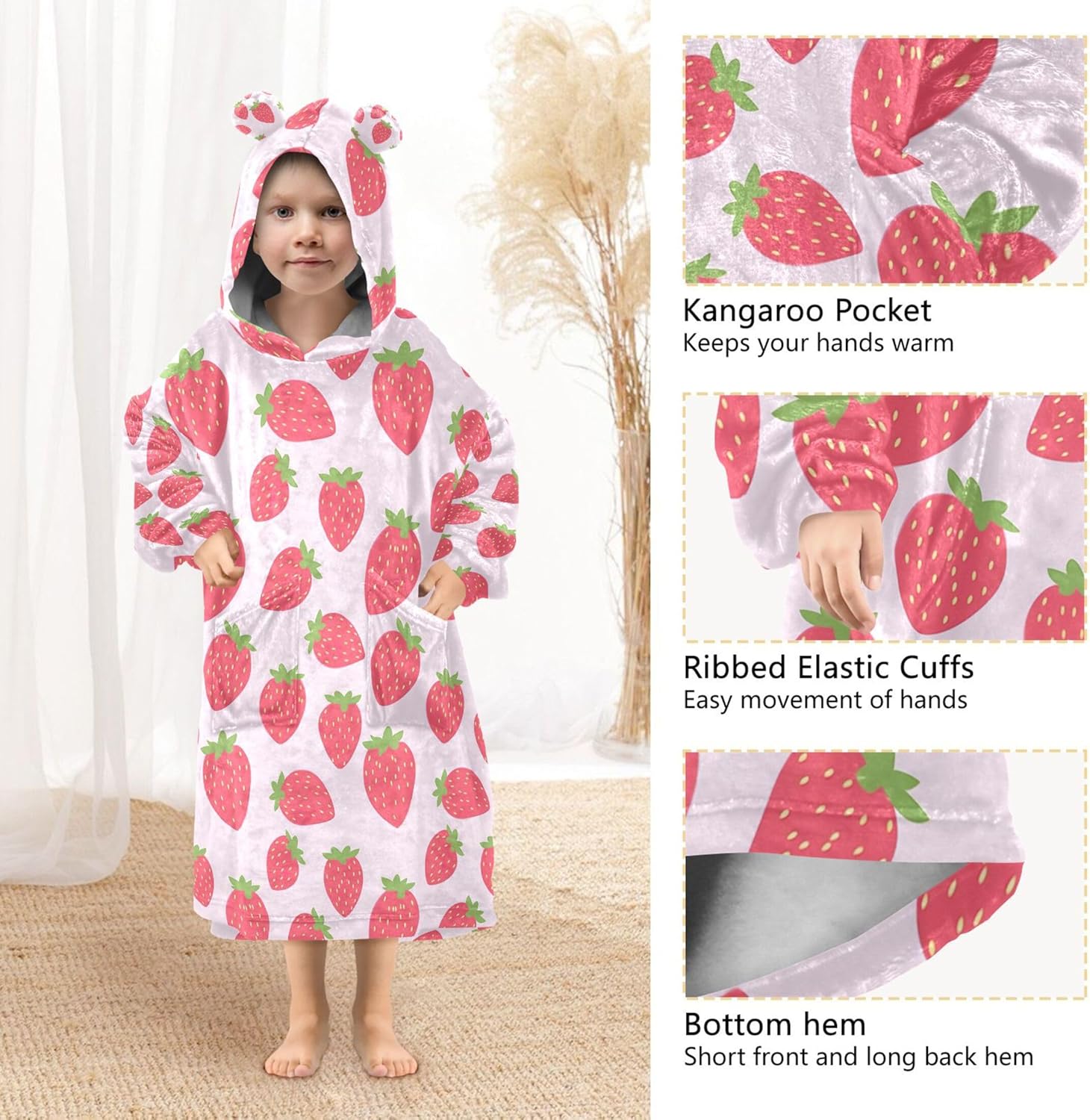 Strawberry Fruit Kids Wearable Blanket Hoodie with Pocket and Sleeves for Toddlers, Cute Hoodies Girls Boys B0403722
