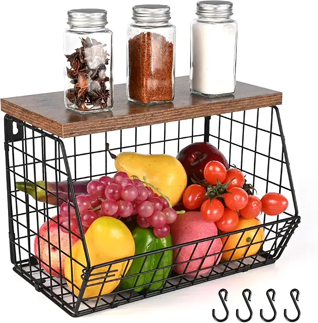 Gaethra Hanging Fruit Basket - Kitchen Wall Shelf with Wooden Lid and Hooks for Storage
