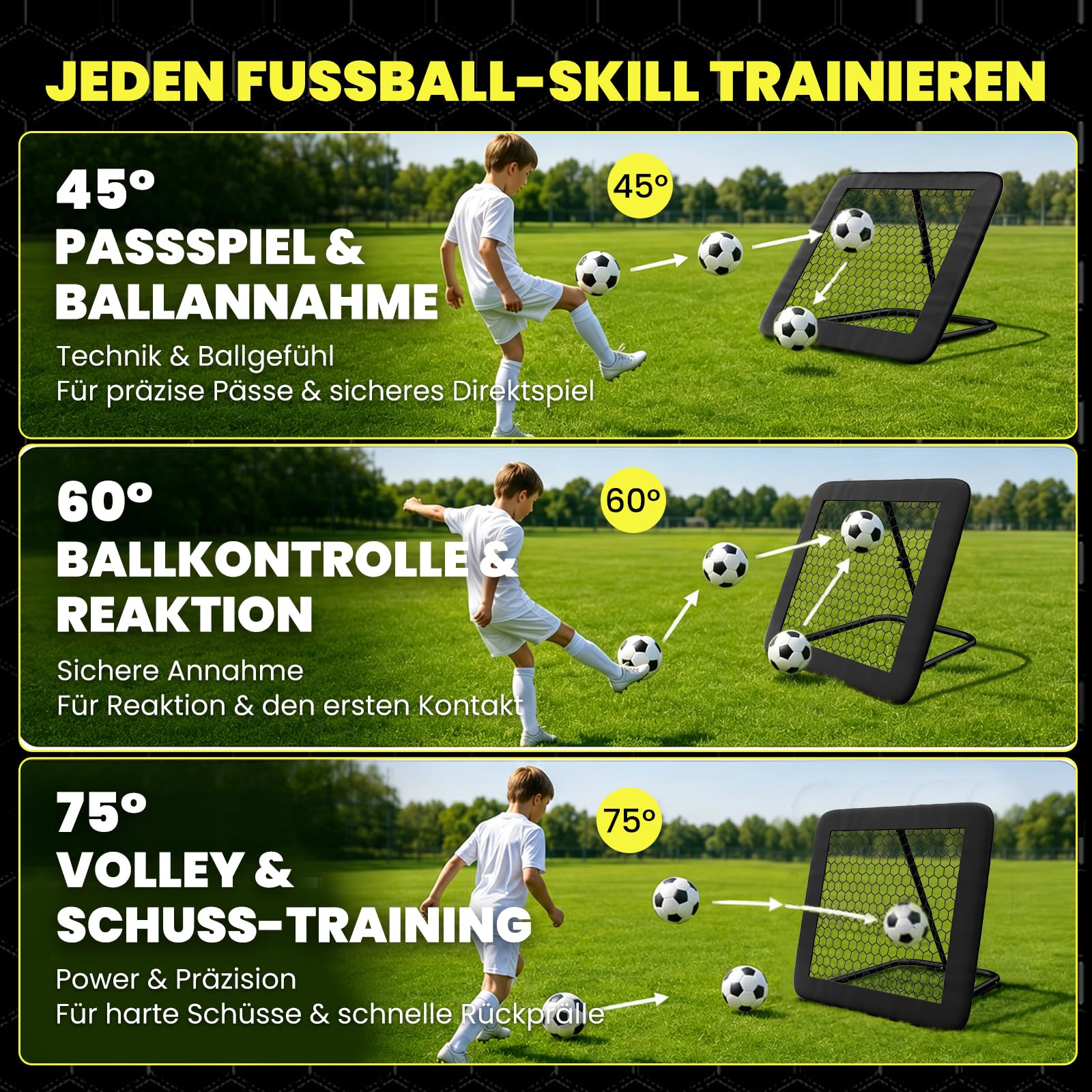 Rebounder für Fußball - Fußball Rebounder mit 32 mm Stahlrahmen- Stufenlos Verstellbar - klappbares Trainingsnetz für Schuss, Pass, Ballannahme & Torwarttraining