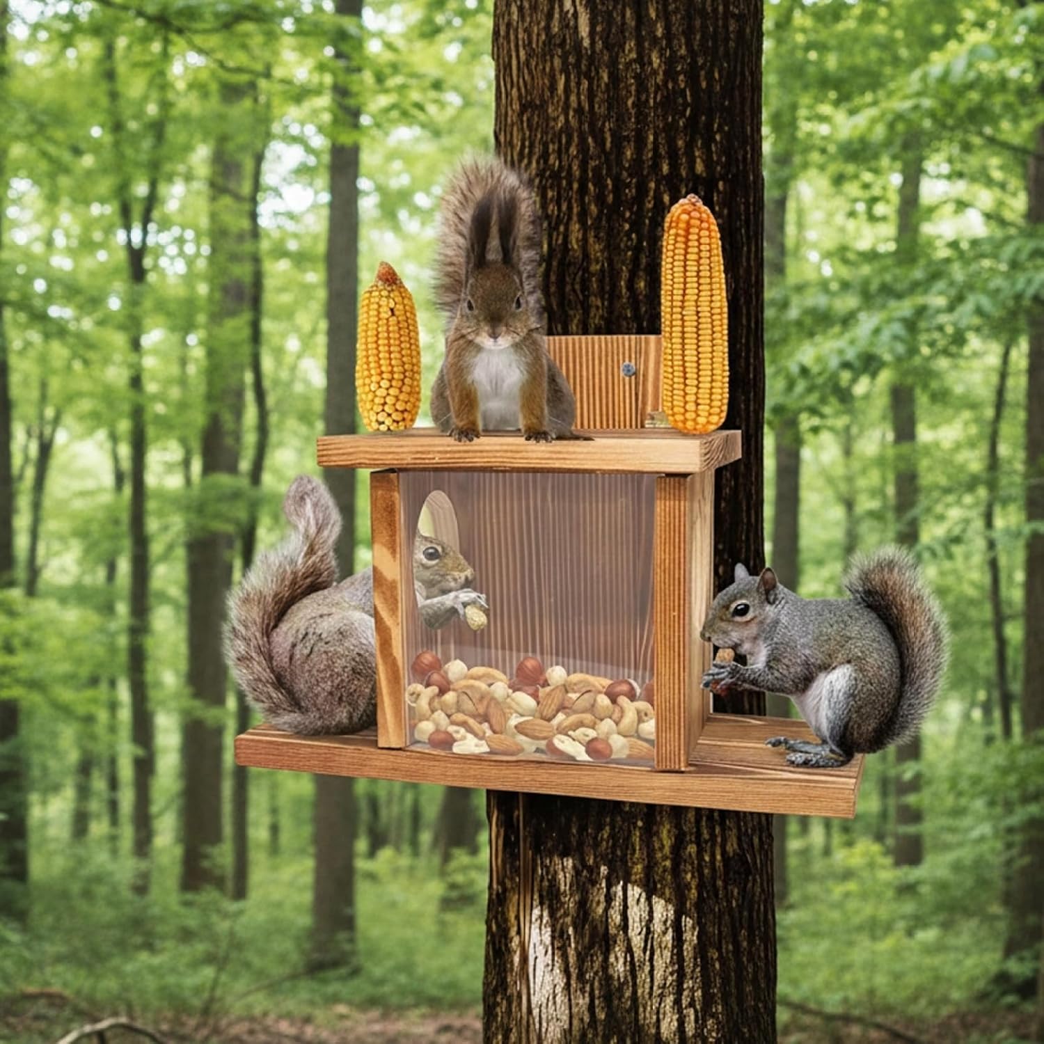 Squirrel Feeders for Outside, Wooden Flip-Top Squirrel Box with Clear Window Weatherproof Nut Bar Chipmunk Feeder for Wood Deck, Tree, Fence, 14x5x9in Feeders for Outside, Feede