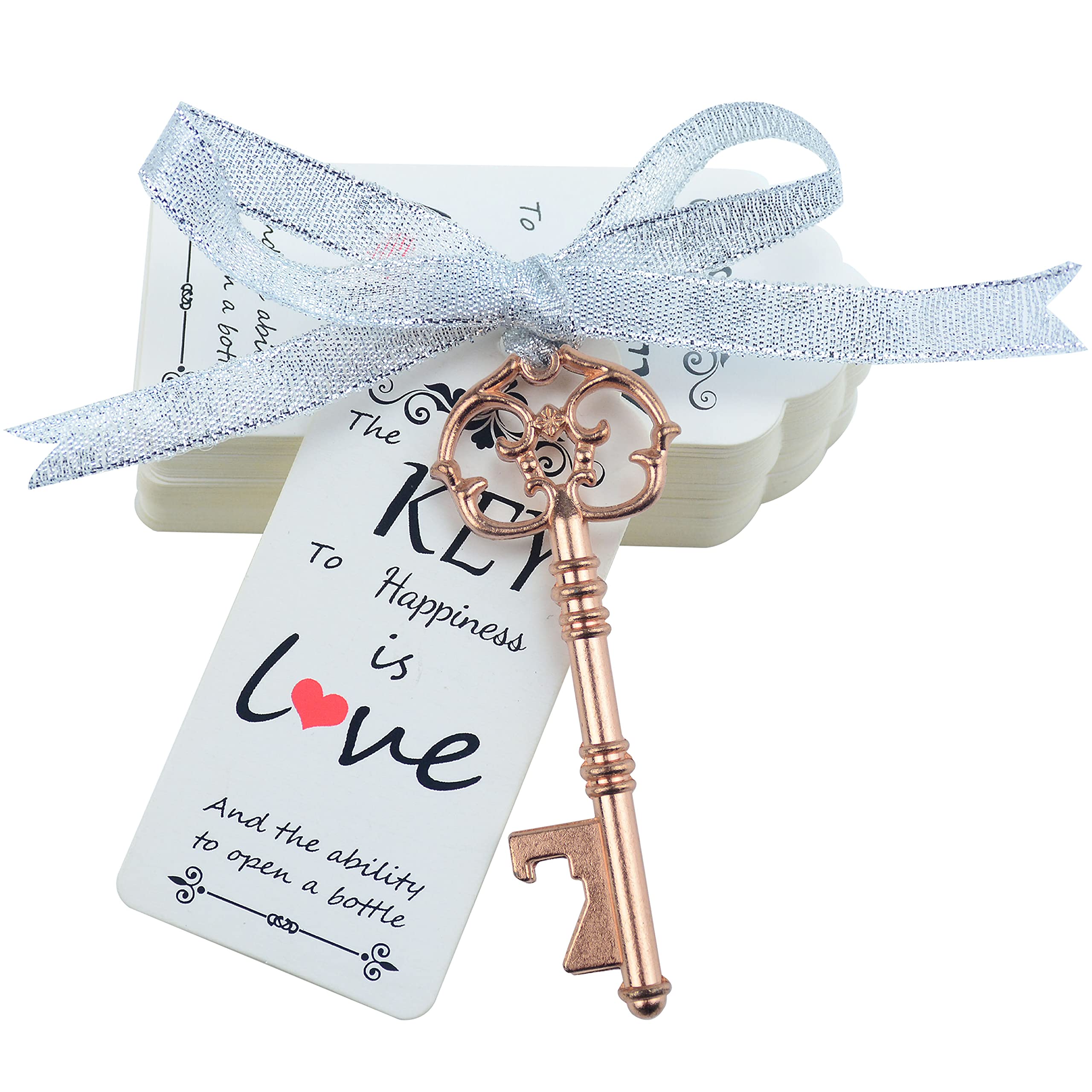 Makhry 52pcs Wedding Vintage Key Bottle Opener Wedding Favor Party Gift Wedding Decor as Guest Souvenir Gift Set with Escort Thank You Tag Card Fench Ribbon (Rose Gold)