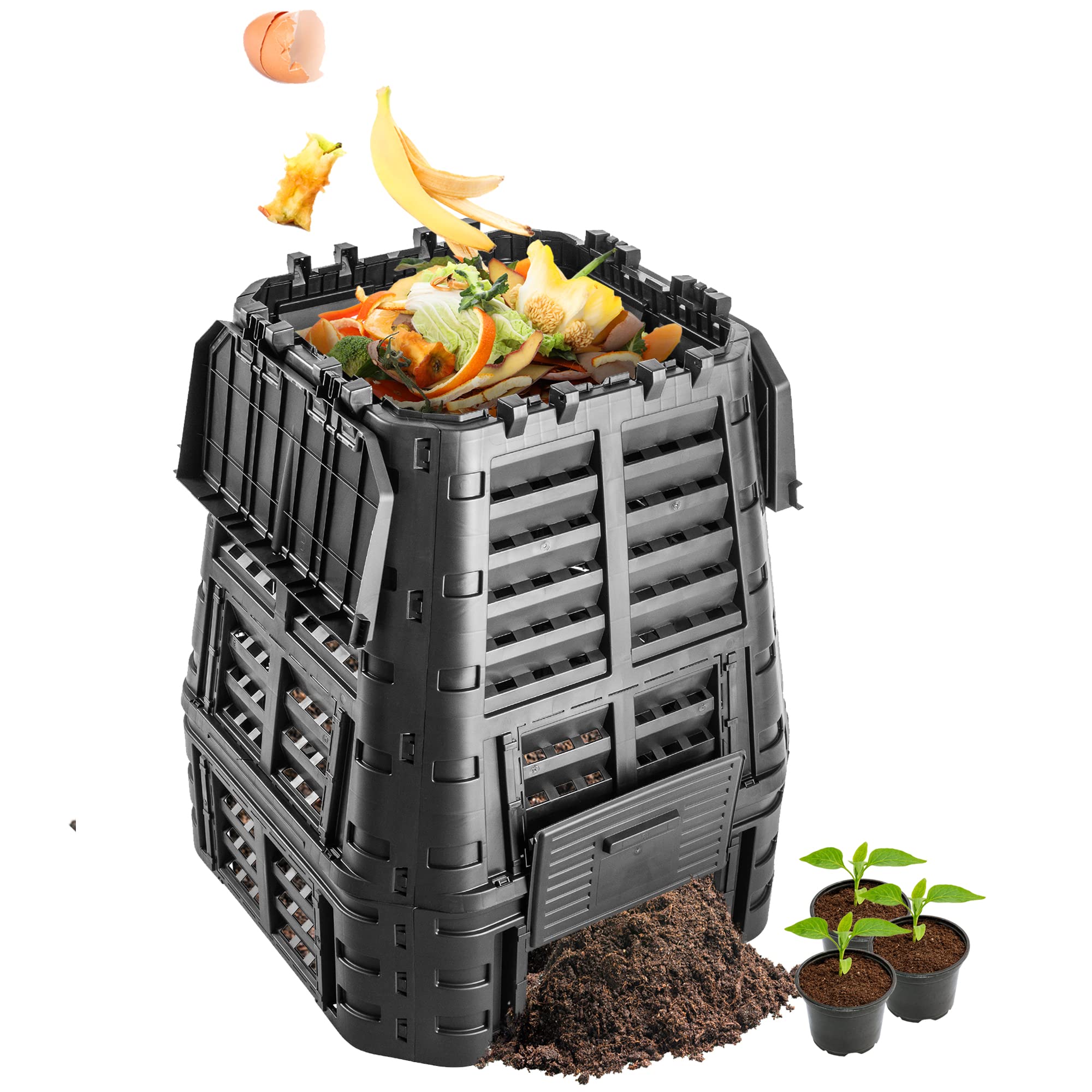 KADAX Komposter, schwarze Kompostanlage, Schnellkomposter aus Kunststoff, witterungsbeständiger Thermokomposter mit klappbarem Deckel (740L)