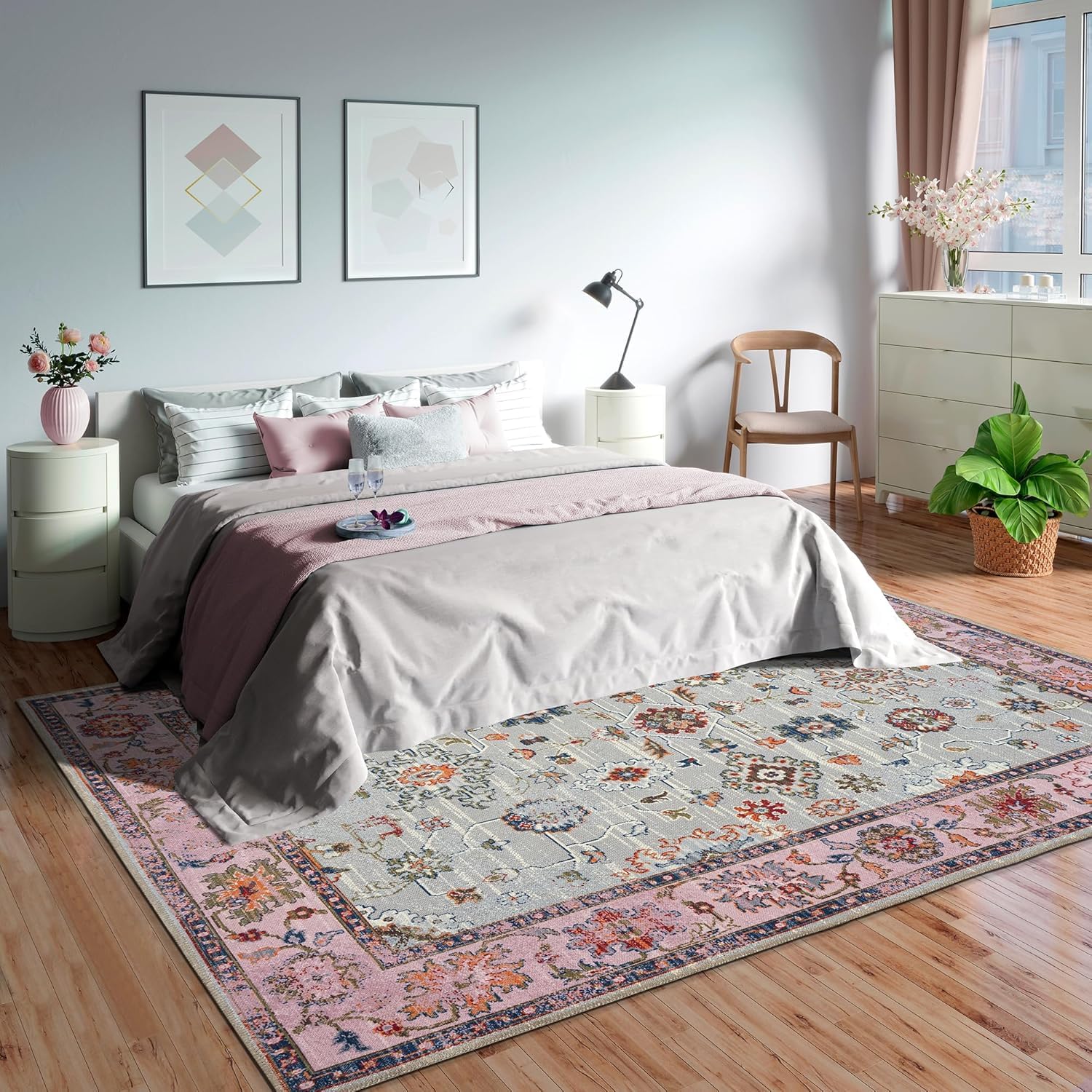 Teppiche für Wohnzimmer, 120 x 180 cm, waschbar, rutschfest, für Schlafzimmer, Innenbereich, niedriger Flor, für Esszimmer, Badezimmer, Küche, traditionelles Blumenmuster, Rosa