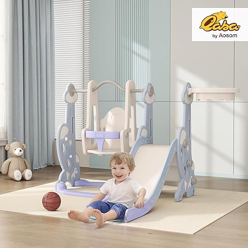 Miniatura 2 de Qaba Juego de tobogán y columpio 4 en 1 para niños de 1.5 a 4 años, juego para niños pequeños con escalador, aro de baloncesto, temática de cohete,