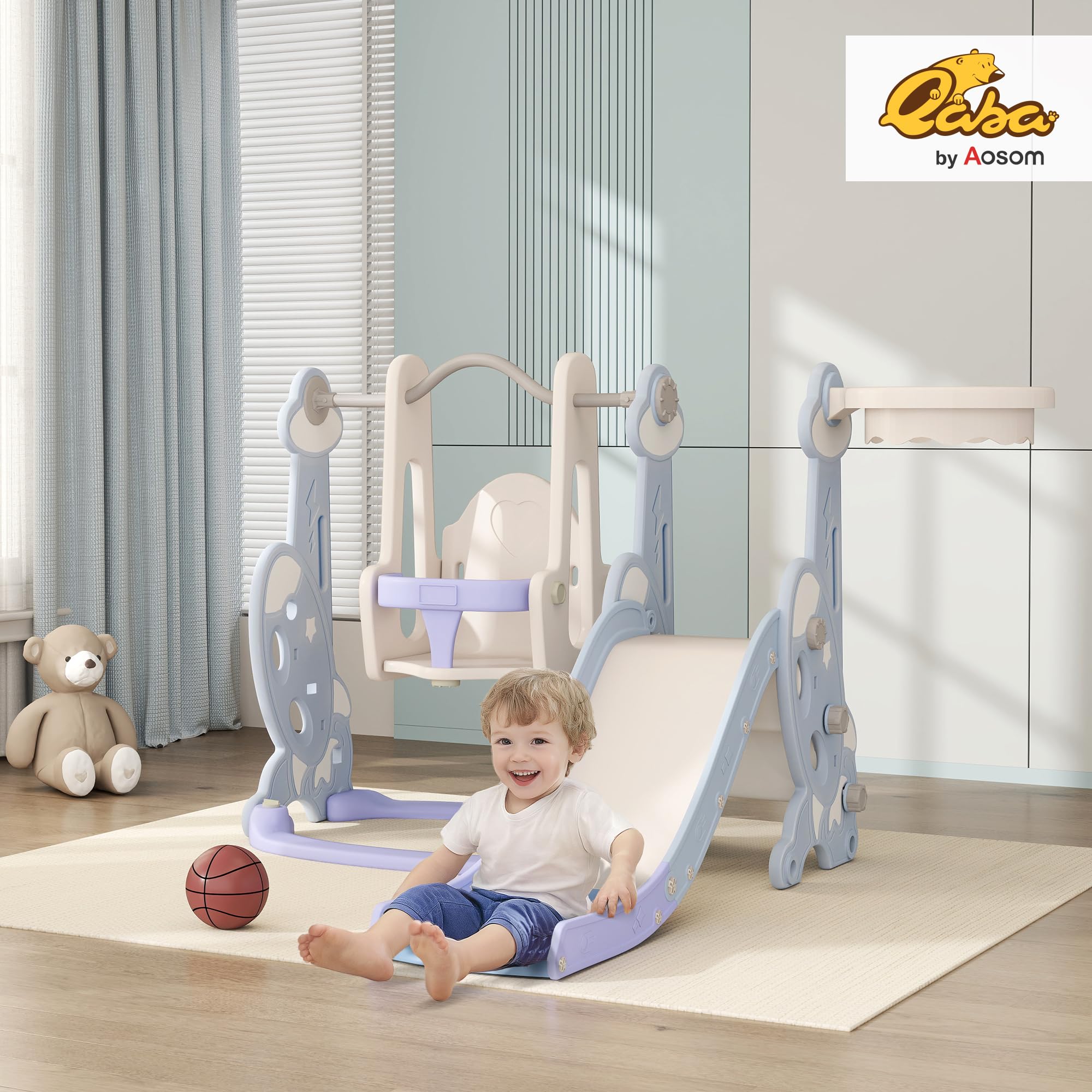Qaba 4 in 1 Toddler Slide and Swing Set, Indoor Kids Slide for Ages 1.5-4, Toddler Playset Playground with Climber, Basketball Hoop, Rocket Themed, Light Blue