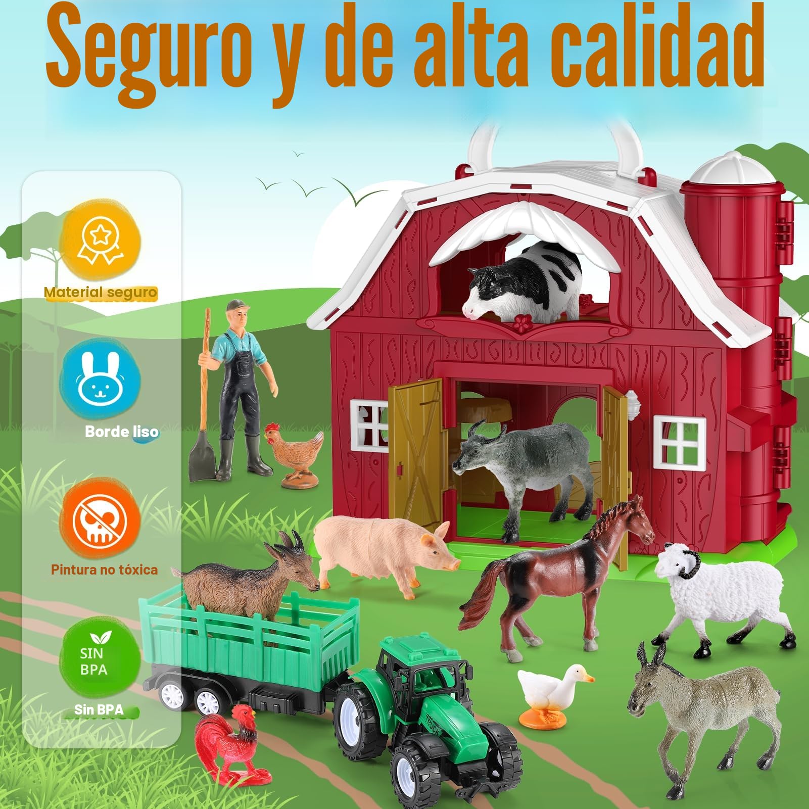 HappyKidsClub Juguete Granja Montessori Bebés 1-4 Años, Set Granja Interactiva - Granero Desplegable con 10 Animales y Granjero y camión - Juguete Educativo Seguro para Niños Bebés