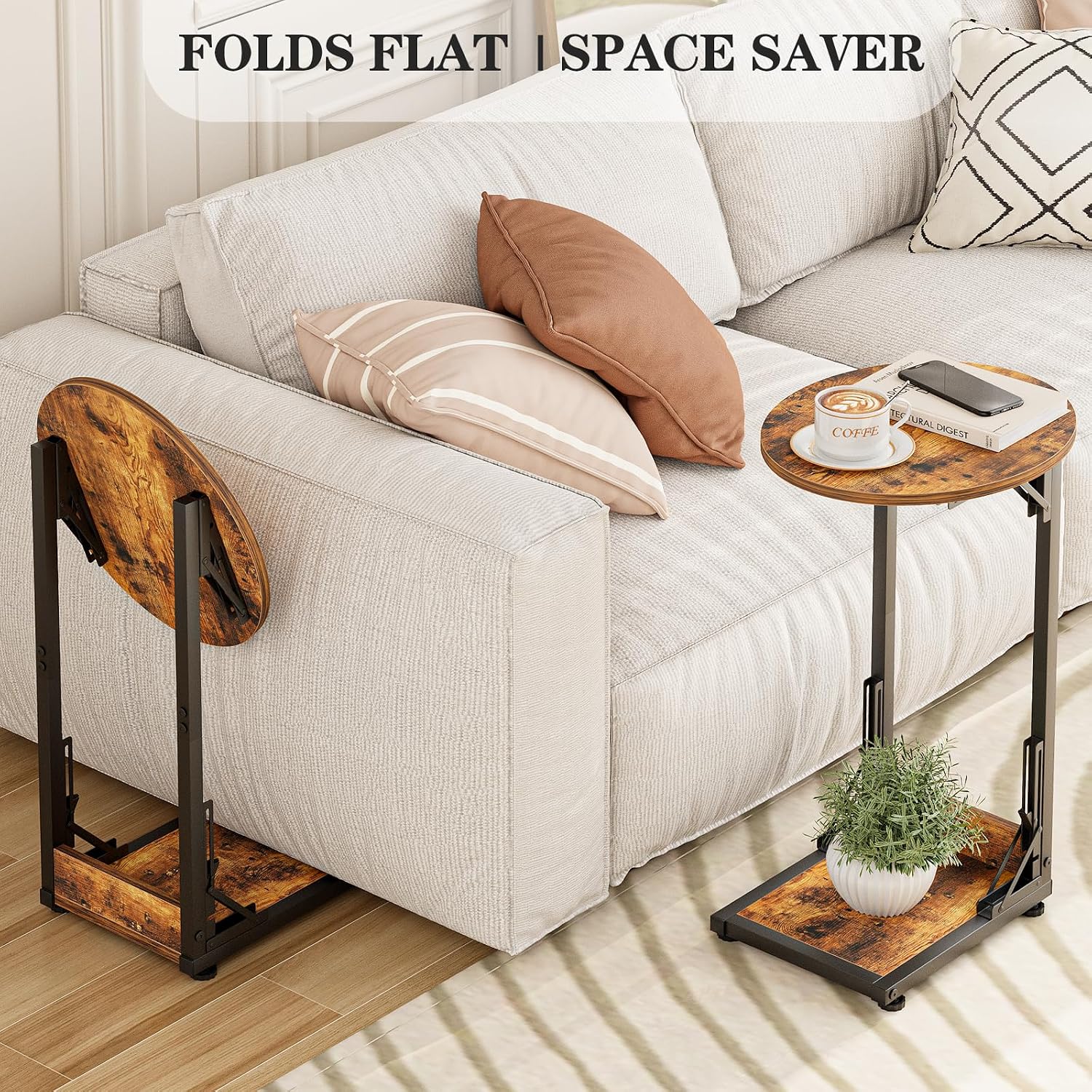 C Shaped Side Table, Folding End Table with Metal Frame, Foldable Table for Eating, Couch Sofa Table,Slide Under TV Tray Table for Living Room, Bedroom, Small Spaces (Brown)