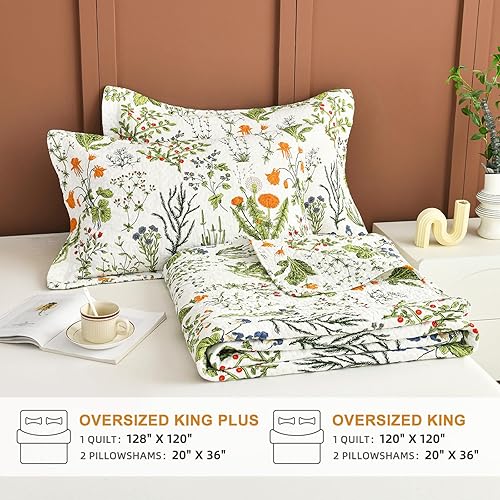 Miniatura 5 de Sanracie Colcha de tamaño King extragrande de 128 x 120 pulgadas, colcha floral 100% algodón tamaño California King con estampado de flores