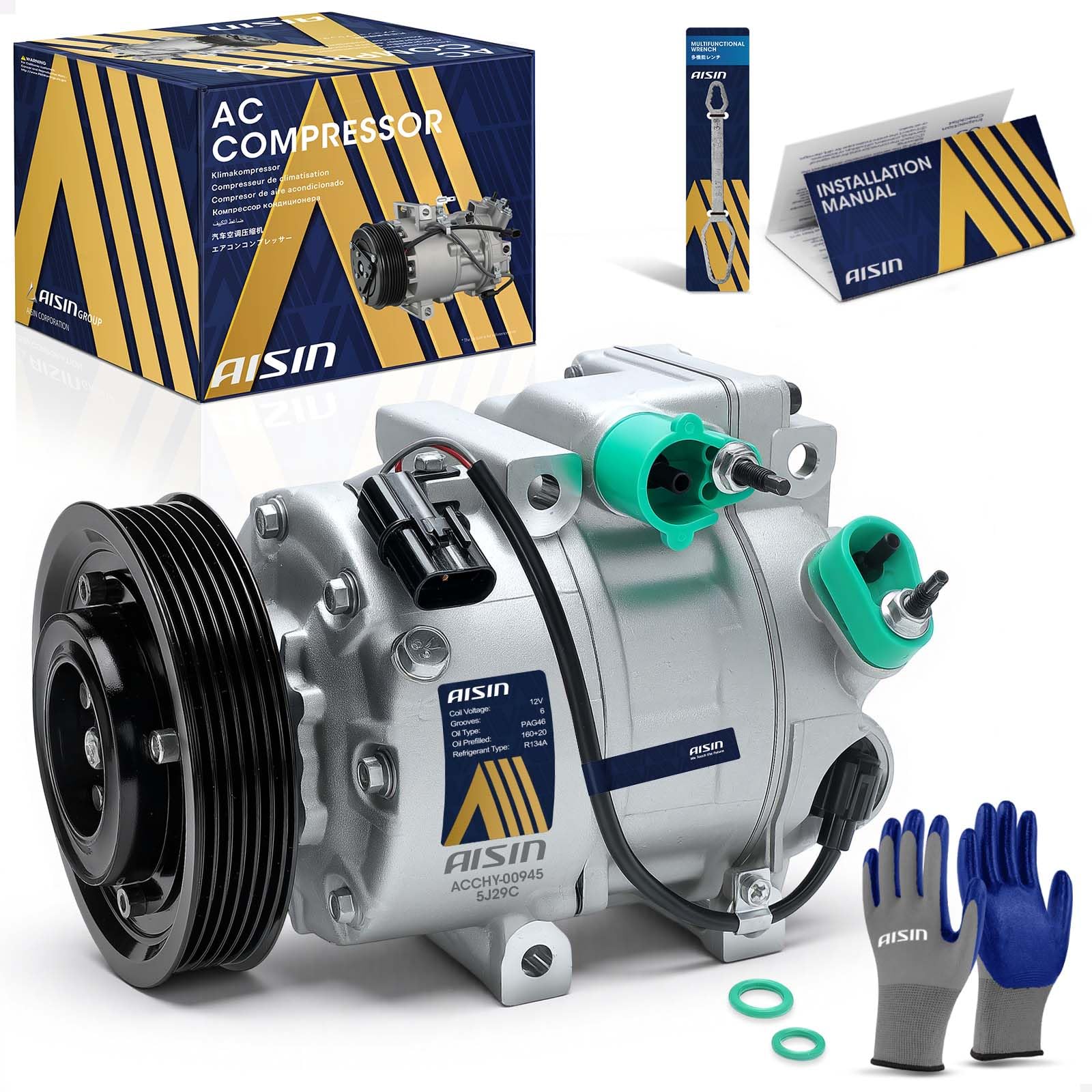 AISIN ACCHY-00945 Air Conditioner AC Compressor - Compatible with Hyundai Genesis 2009-2013 3.8L - with 6-Pulley Groove, with Clutch