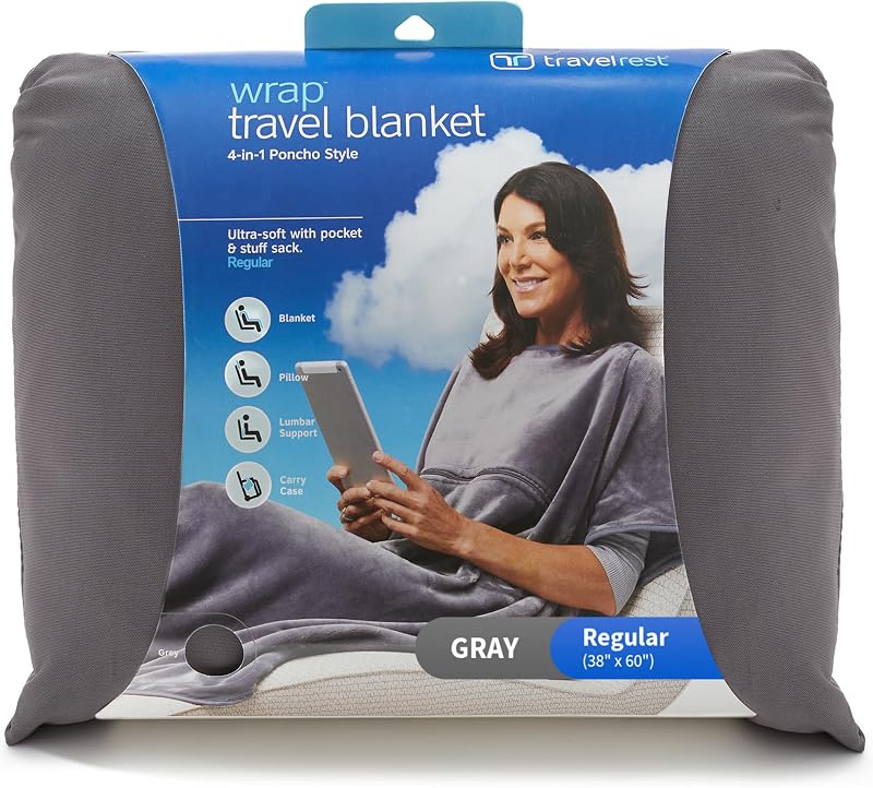4-in-1 Travel Blanket - Comfort for Long Travel - Grey Regular | Travel Essential Pillow & Body Wrap, Soft Lightweight Blanket, Ultra-Plush Fabric, Portable Carry Case Fit For Luggage