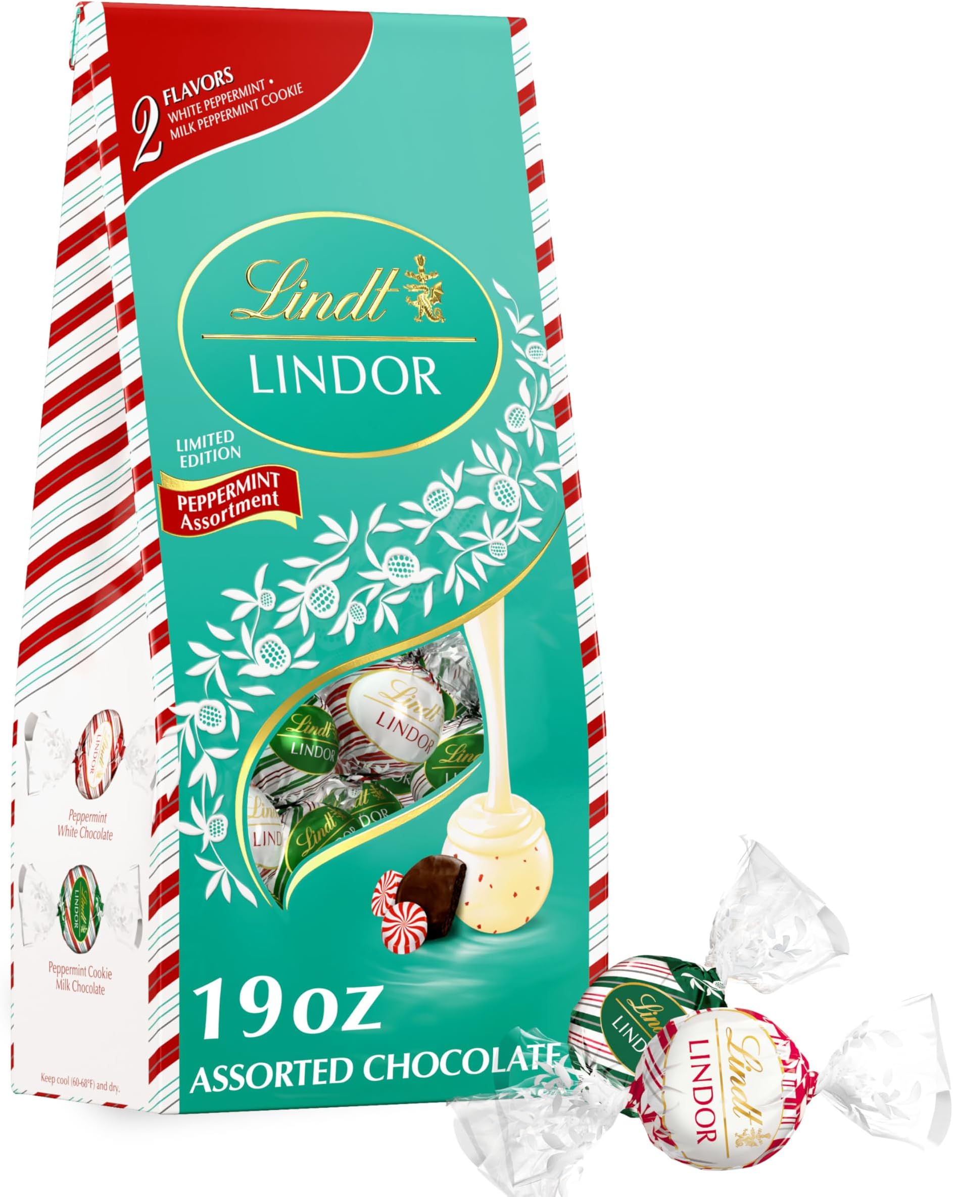 LINDOR Holiday Assorted Peppermint Chocolate Truffles, 19 oz. Bag
