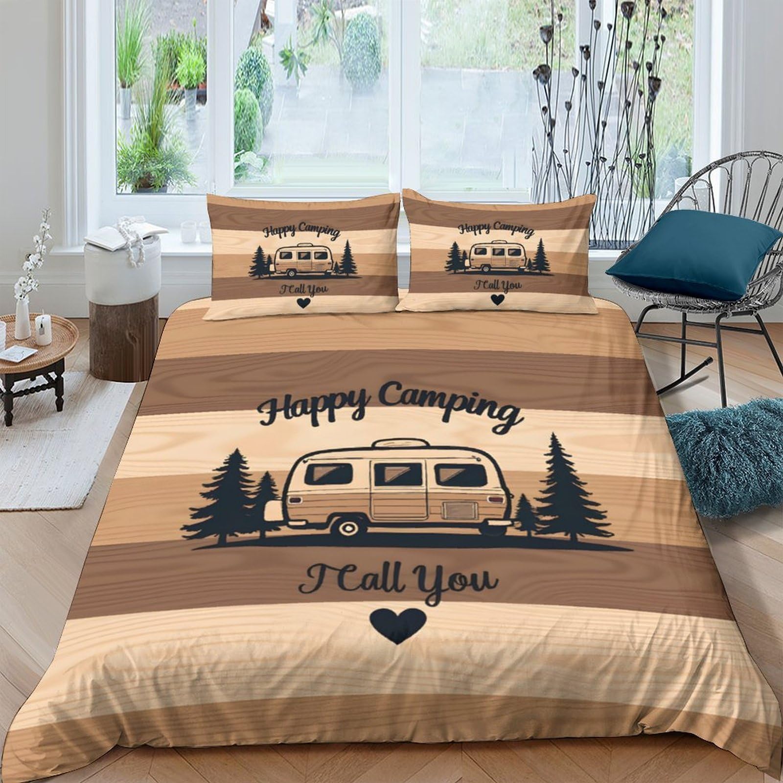 GPLZQXKJNH 3D Printed Camper Van Forest Duvet Cover Microfiber Soft Breathable Happy Camping Bedding Set with 2 Pillowcases for Bedroom Home Decor Single（135x200cm）