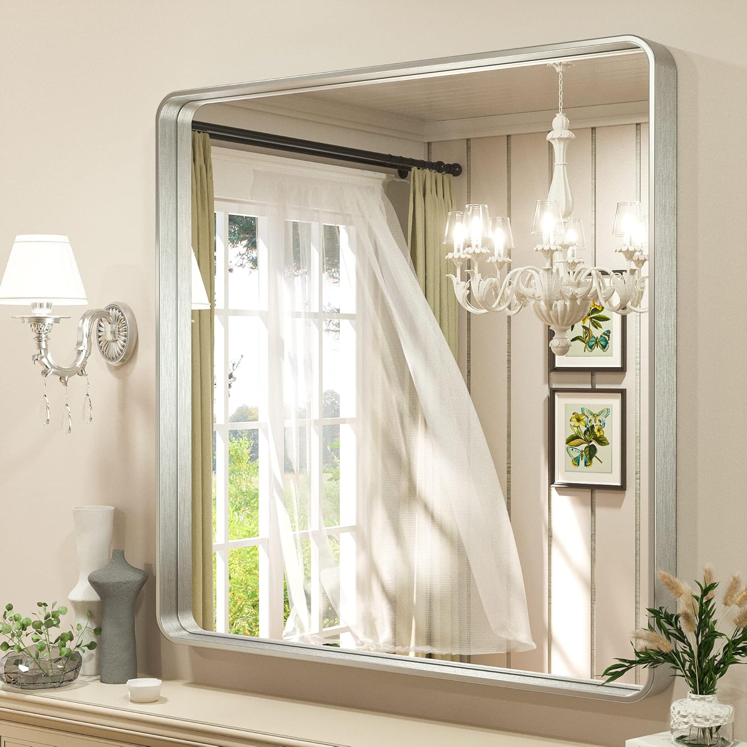 TETOTE Silver Bathroom Mirror, 36x36 Inch Wall Mounted Square Brushed