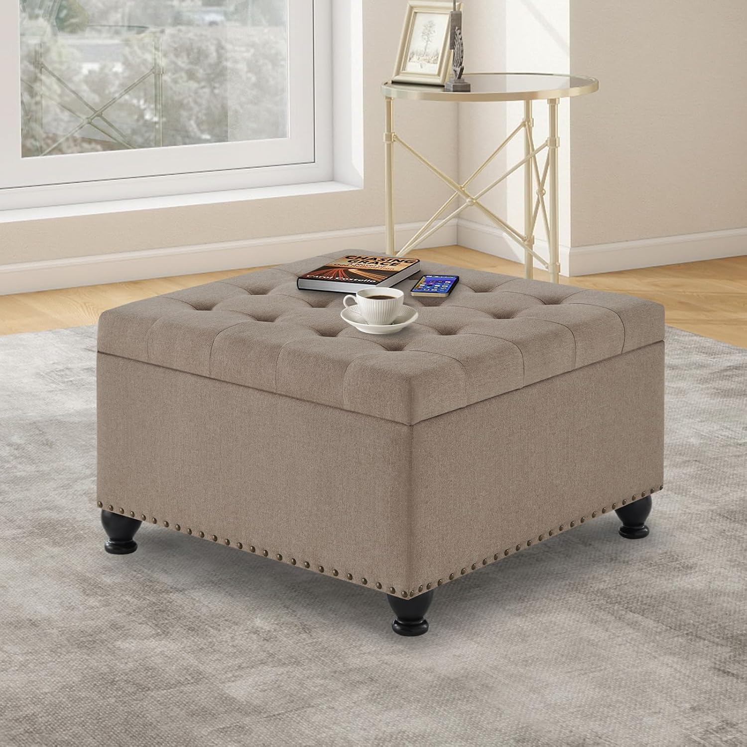 Oversized Square Ottoman Storage Bench for Living Room Bedroom Large Ottoman Coffee Table with Rubber Wood Legs, Linen Fabric Upholstered Foot Stool Foot Rest for Couch Sofa, Light Brown - Image 7